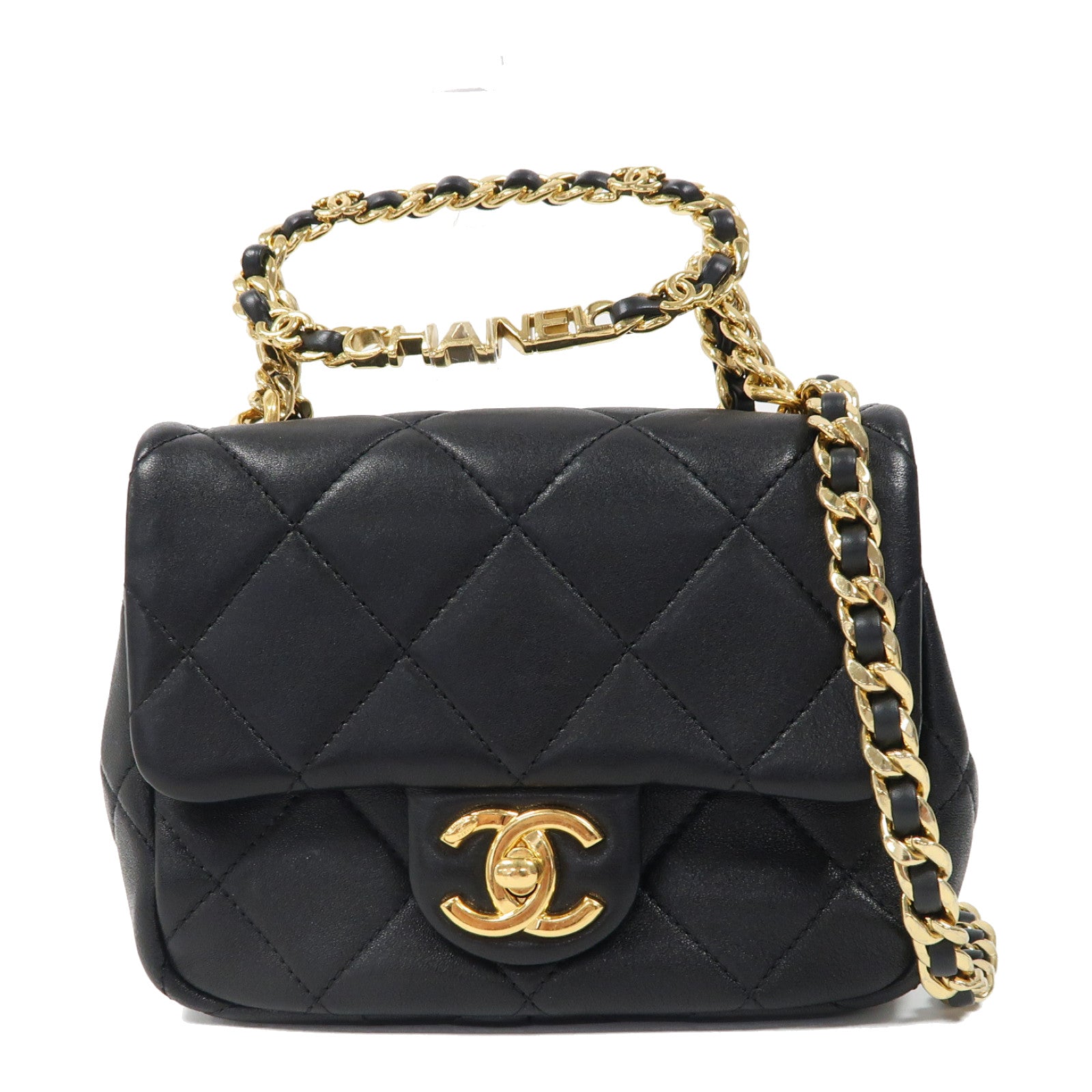 CHANEL 菱格牛皮皮革Chain Shoulder金扣手挽肩背兩用袋黑色