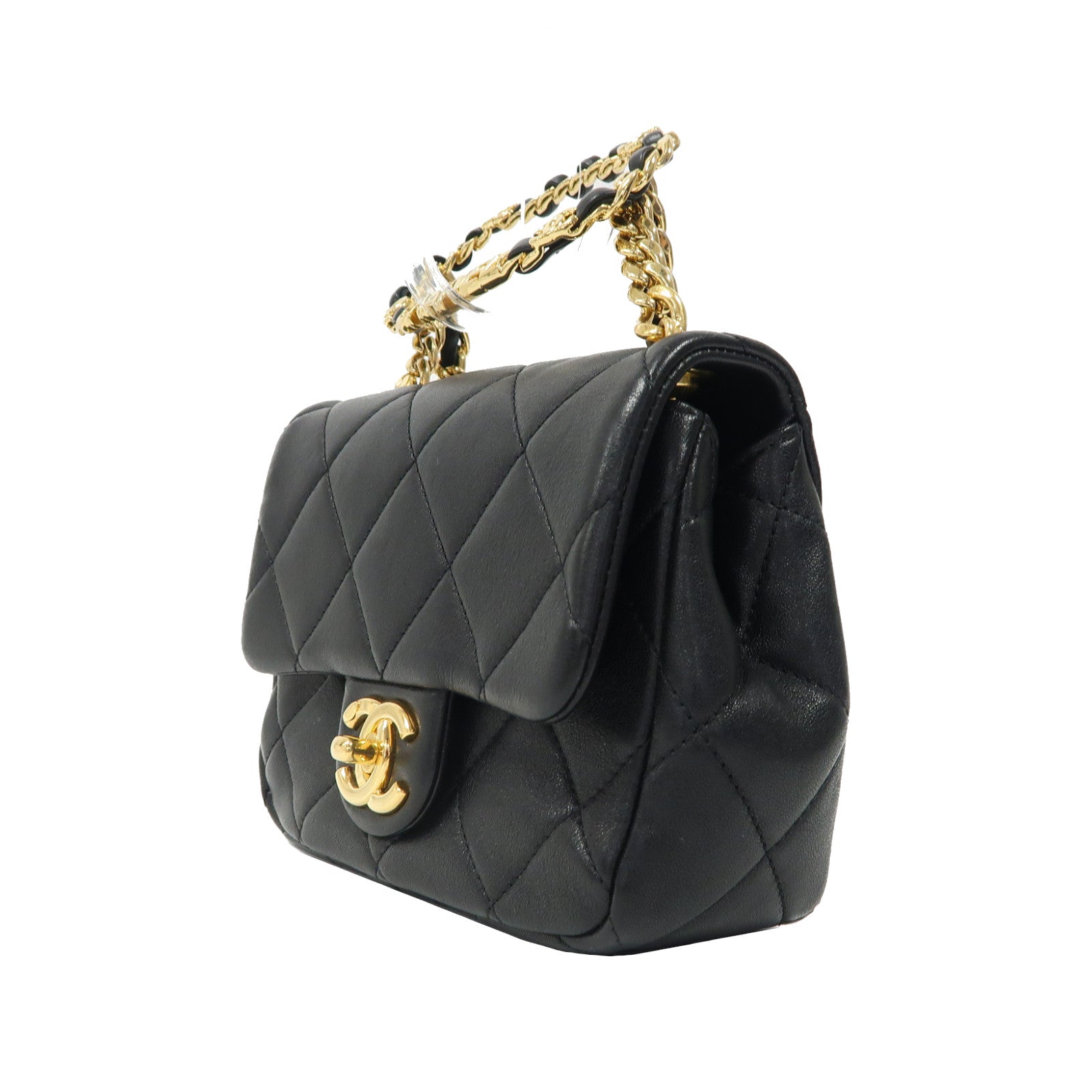 CHANEL 菱格牛皮皮革Chain Shoulder金扣手挽肩背兩用袋黑色