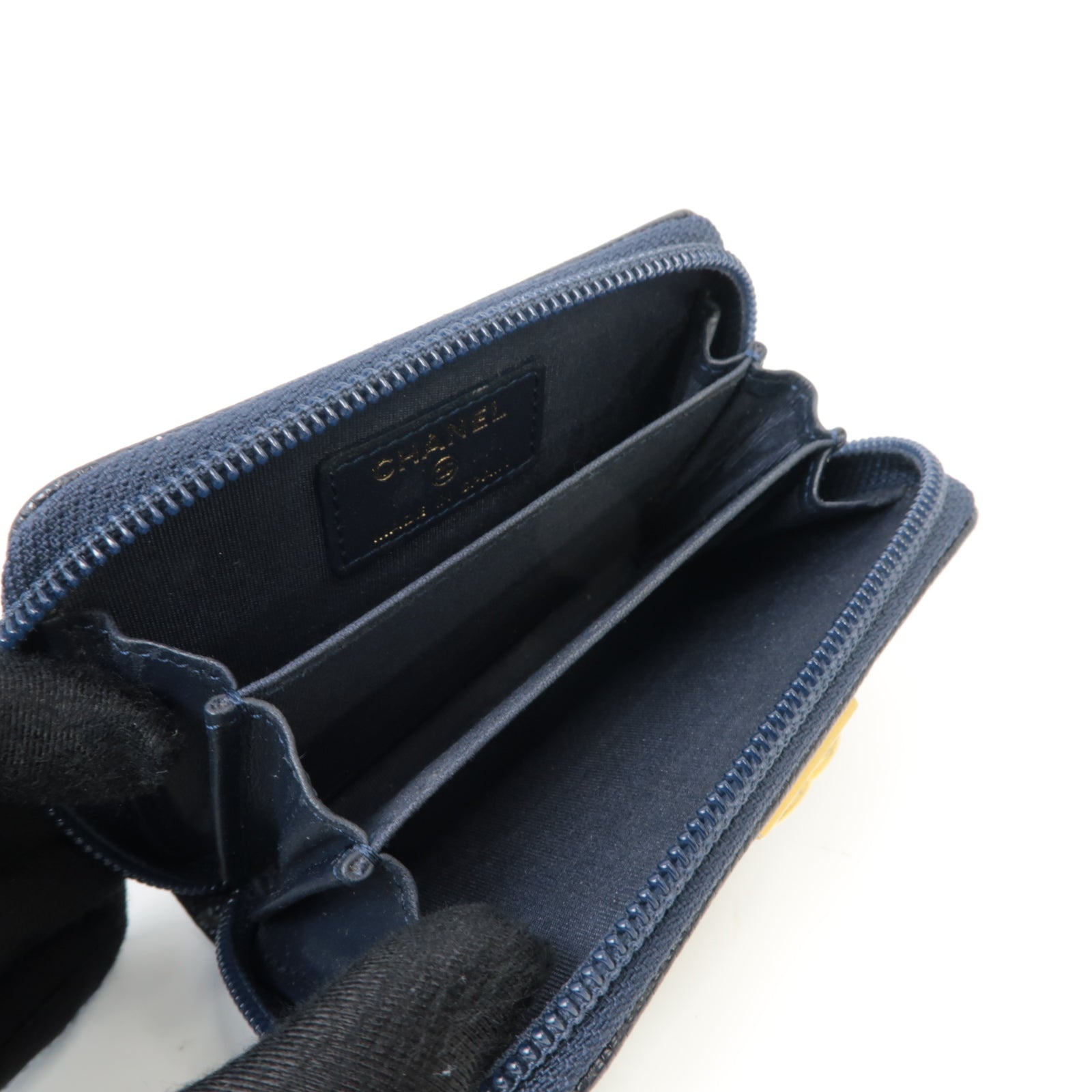 CHANEL 【激減優惠】菱格Caviar皮革Boy Coin Purse金扣零錢包深藍色
