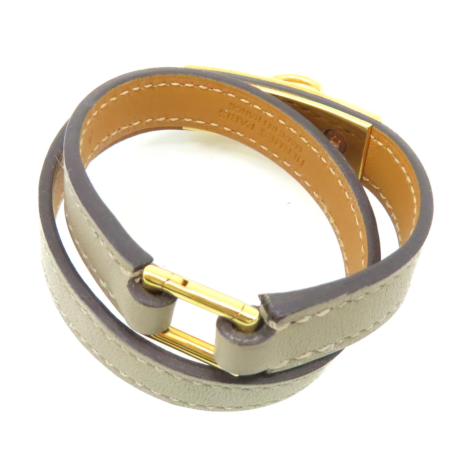 HERMES 【激減優惠】Swift皮革Rivale Double Tour Bracelet金扣手鏈金色/大象灰色