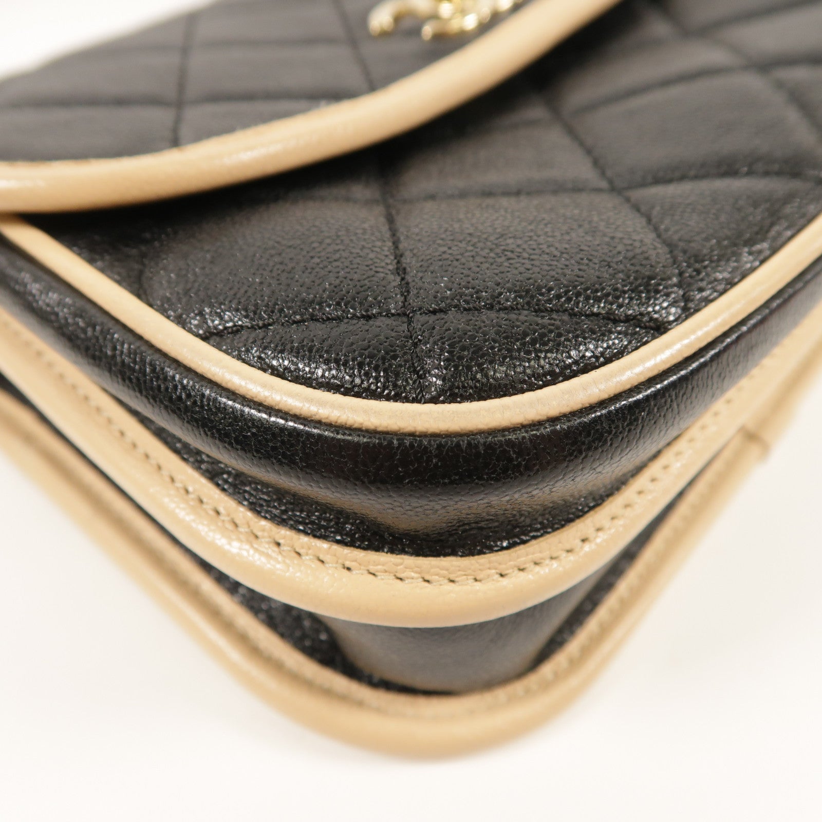 CHANEL CC GHW Messenger Bag Shoulder Calfskin Leather Black Beige