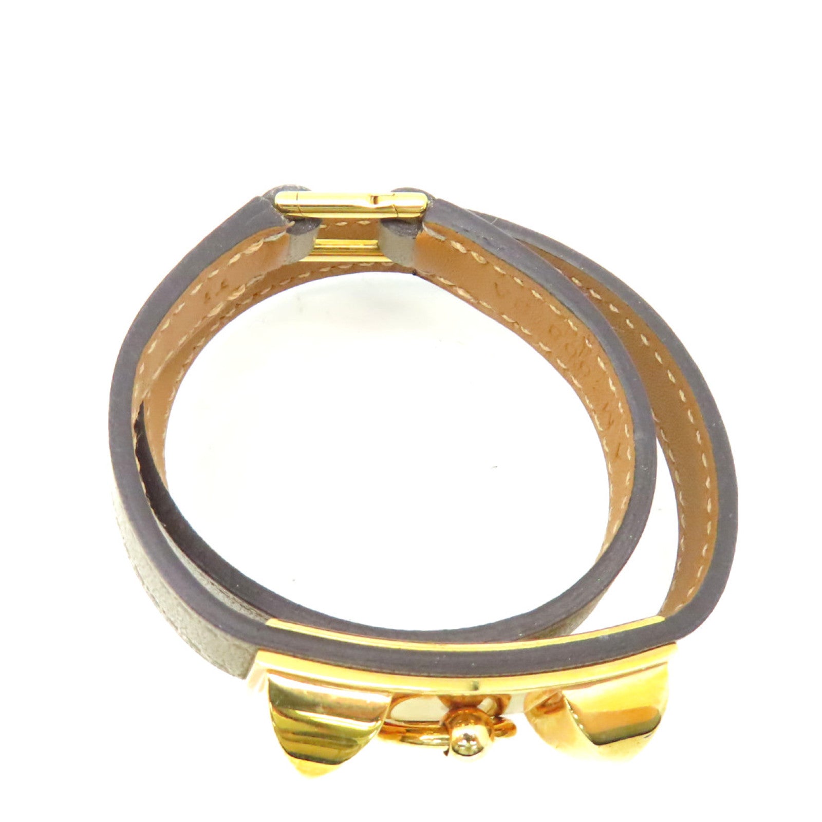 HERMES 【激減優惠】Swift皮革Rivale Double Tour Bracelet金扣手鏈金色/大象灰色