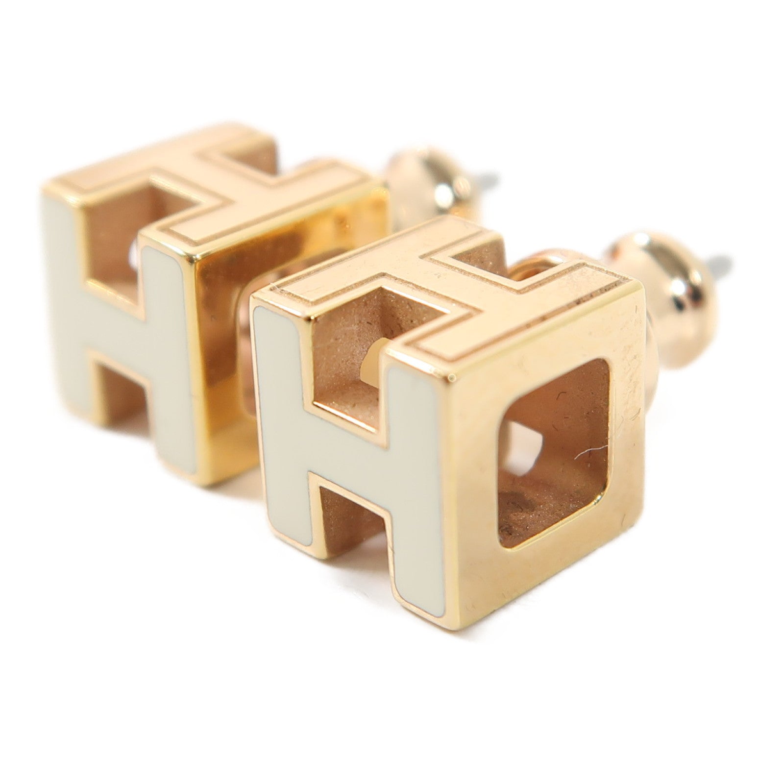 HERMES 金屬Cage d'h Earrings耳環白色/金色