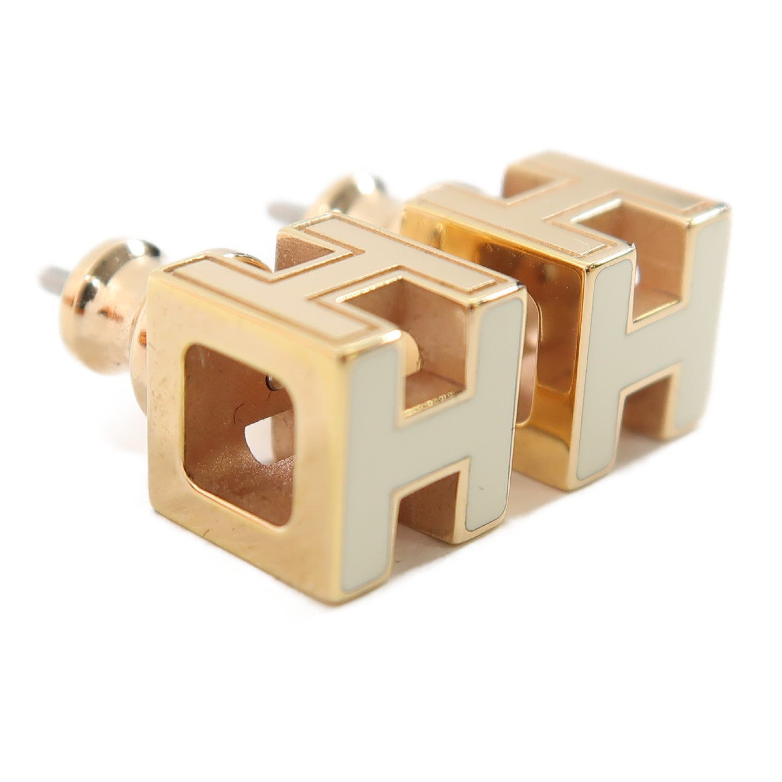 HERMES 金屬Cage d'h Earrings耳環白色/金色