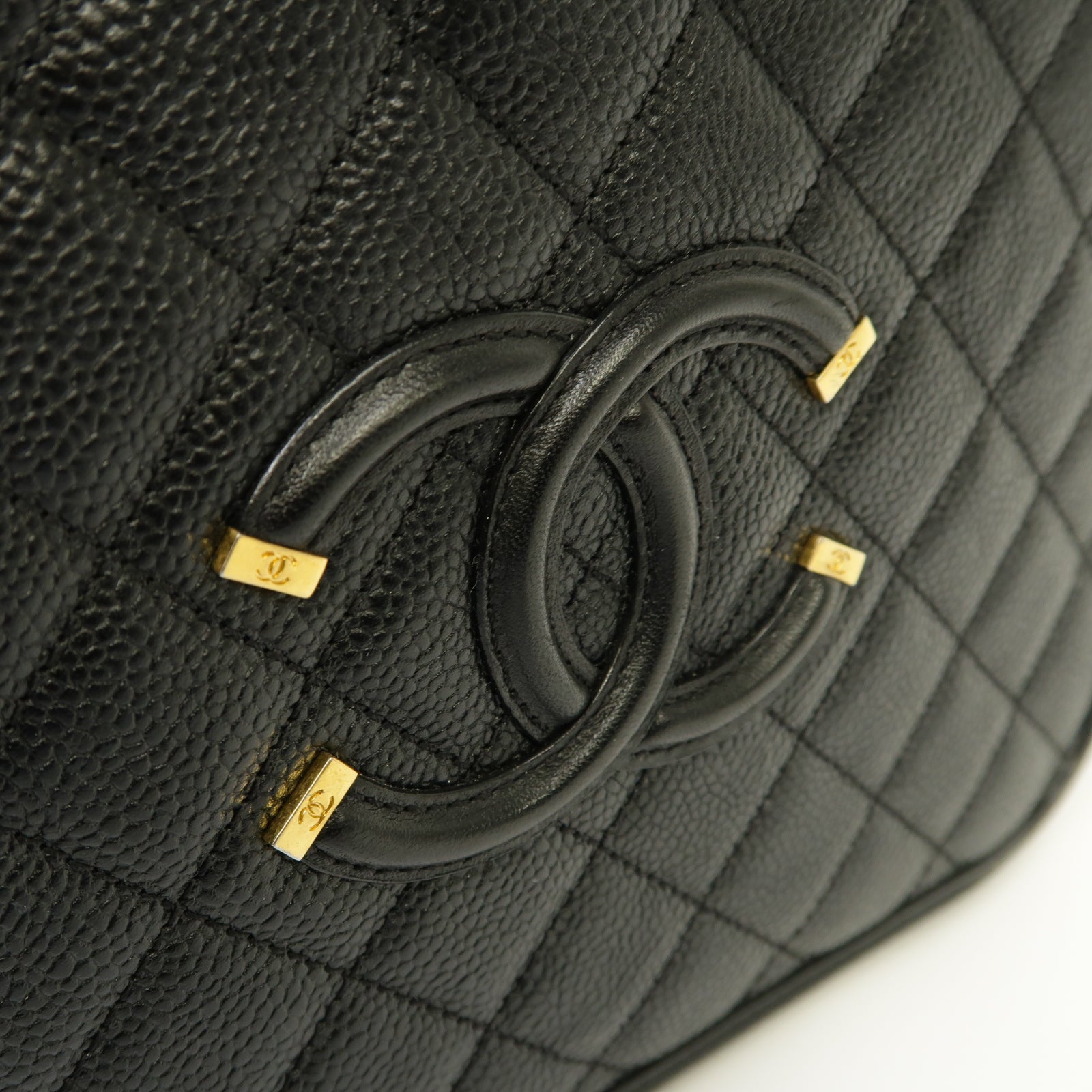 CHANEL 菱格Caviar皮革Filigree Vanity Case金扣手挽肩背兩用袋黑色