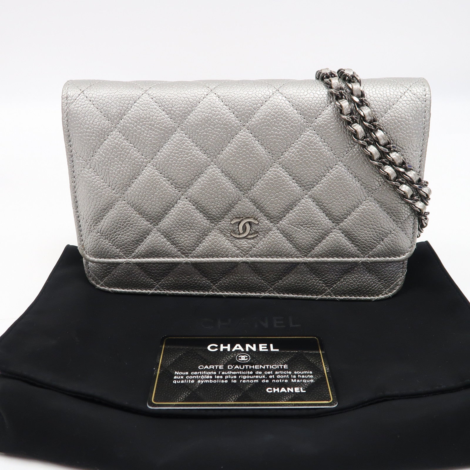 CHANEL 菱格Caviar皮革Wallet on Chain銀扣鏈帶肩背袋銀色