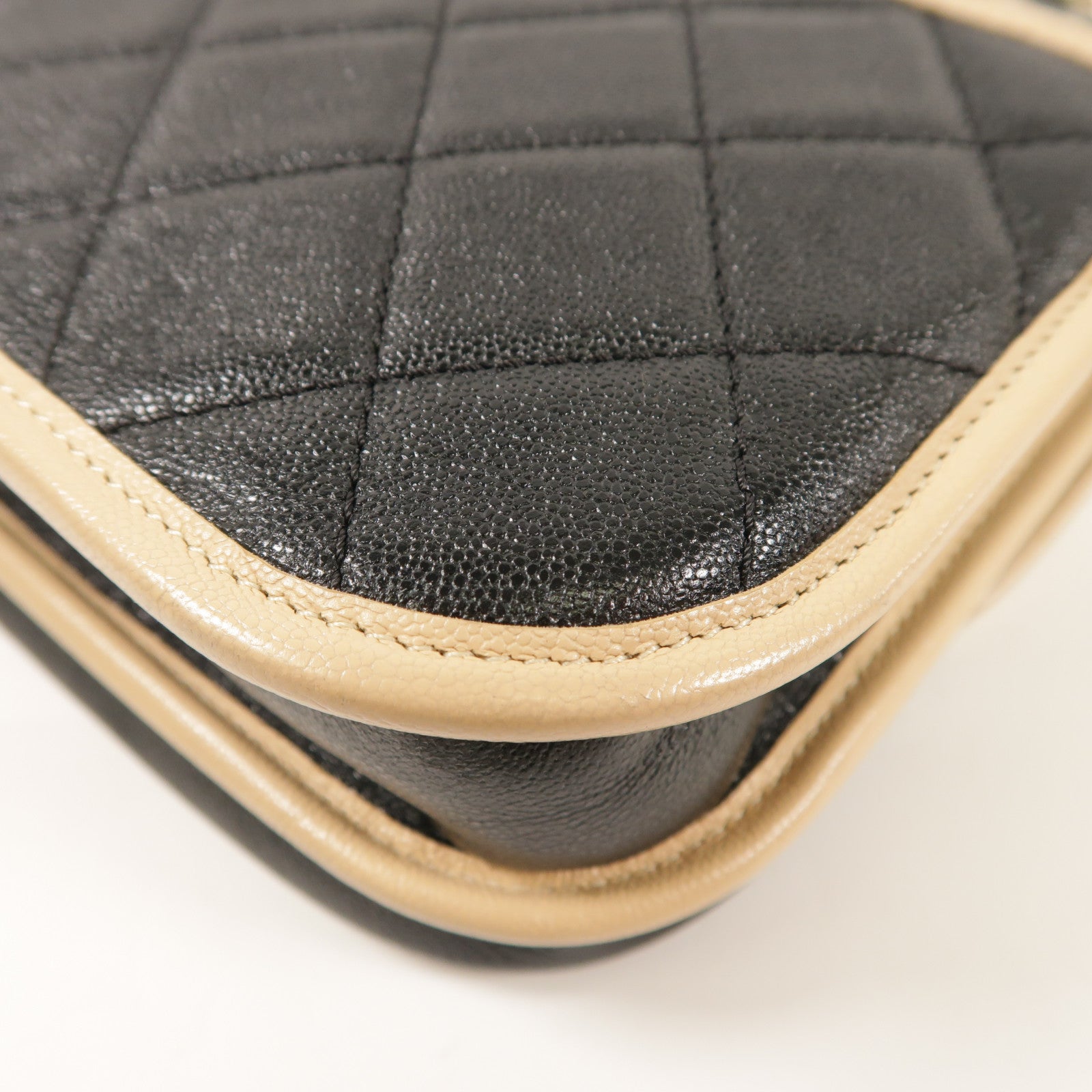 CHANEL CC GHW Messenger Bag Shoulder Calfskin Leather Black Beige