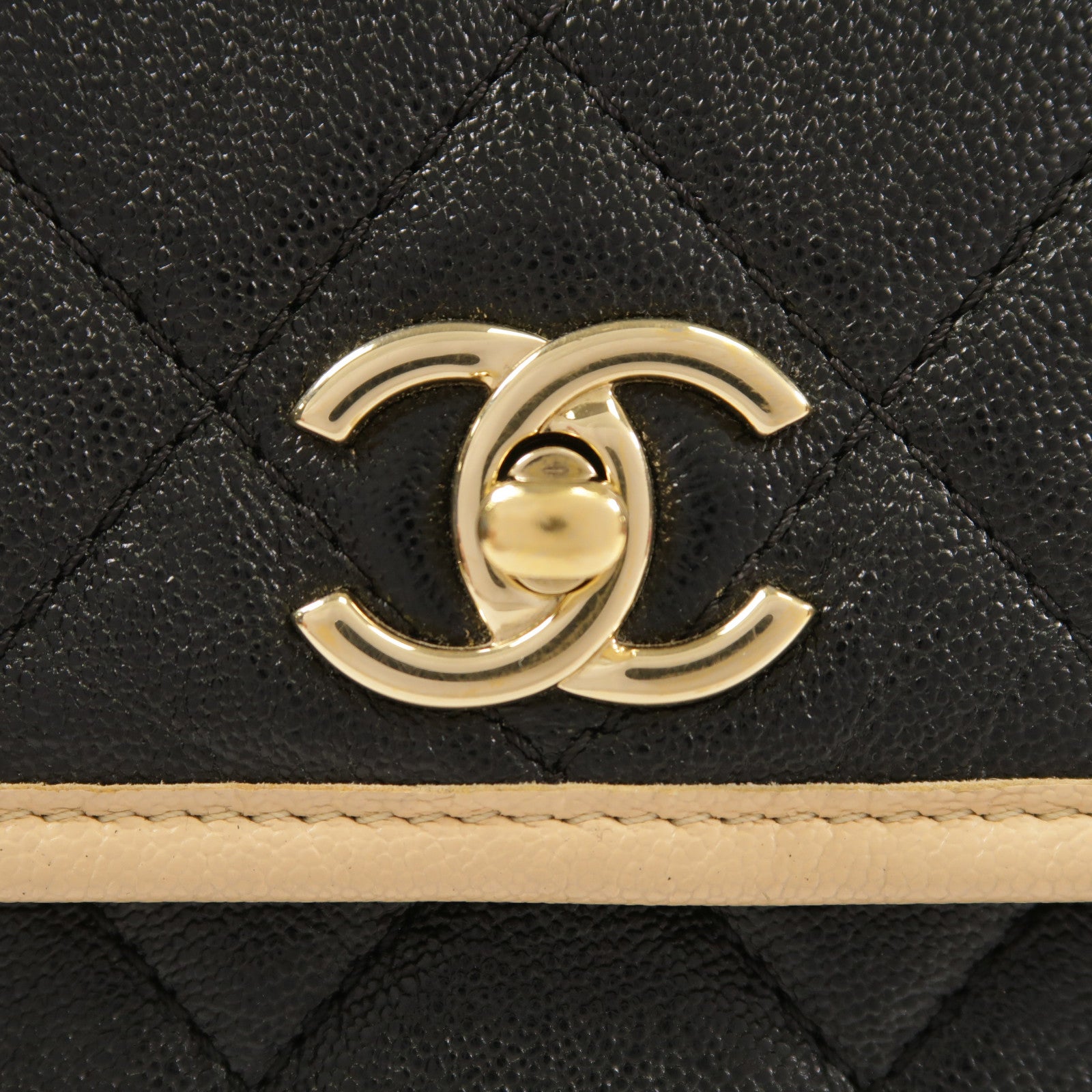 CHANEL CC GHW Messenger Bag Shoulder Calfskin Leather Black Beige