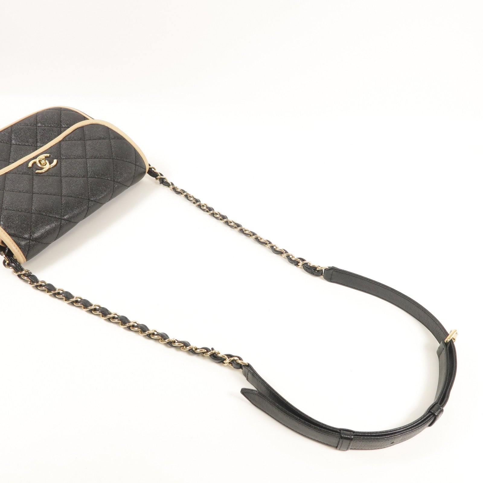 CHANEL CC GHW Messenger Bag Shoulder Calfskin Leather Black Beige