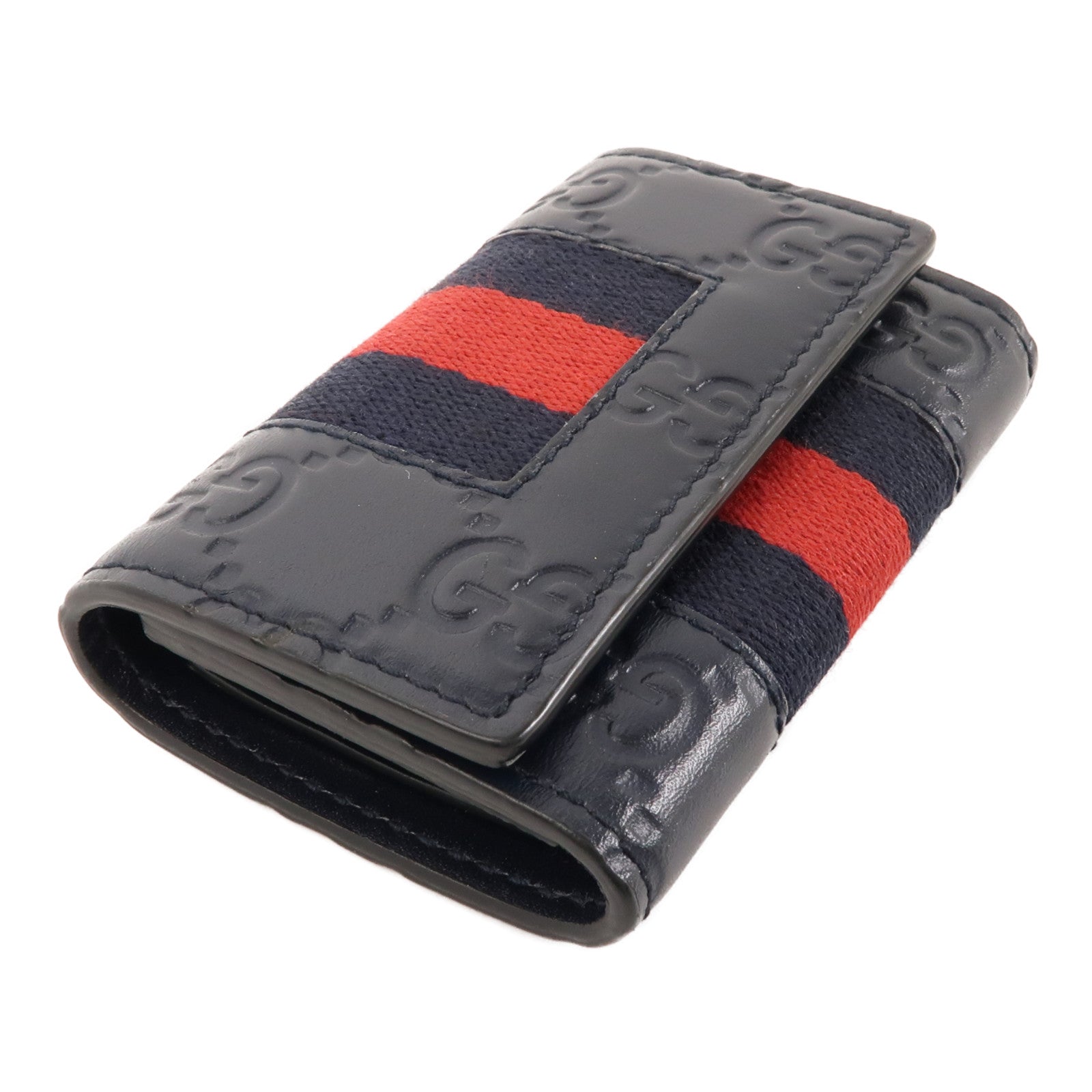 GUCCI 帆布/牛皮皮革Key Holder銀扣鎖匙包黑色