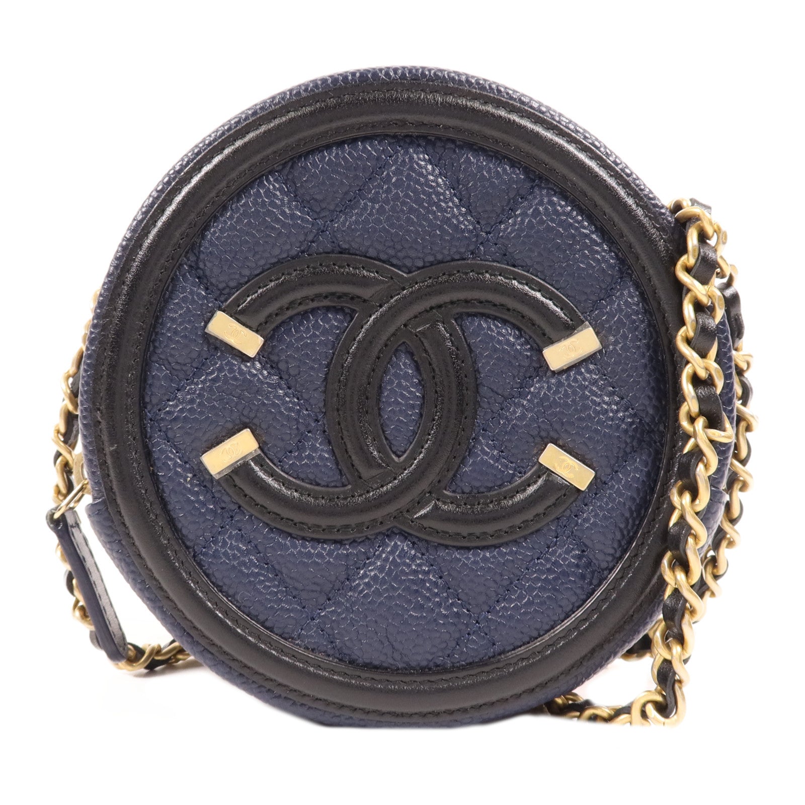 CHANEL 牛皮皮革Filigree Round Bag金扣鏈帶肩背袋