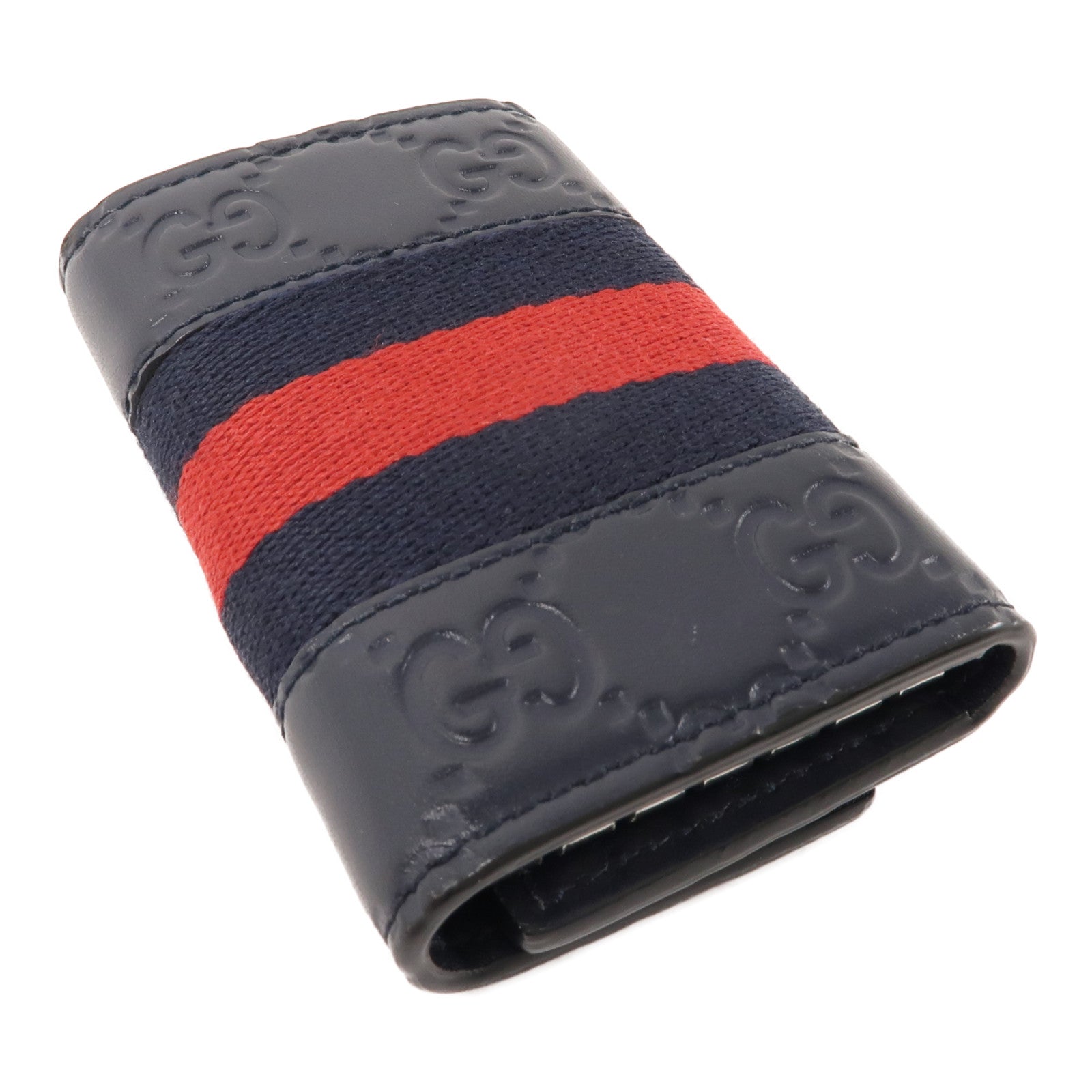 GUCCI 帆布/牛皮皮革Key Holder銀扣鎖匙包黑色