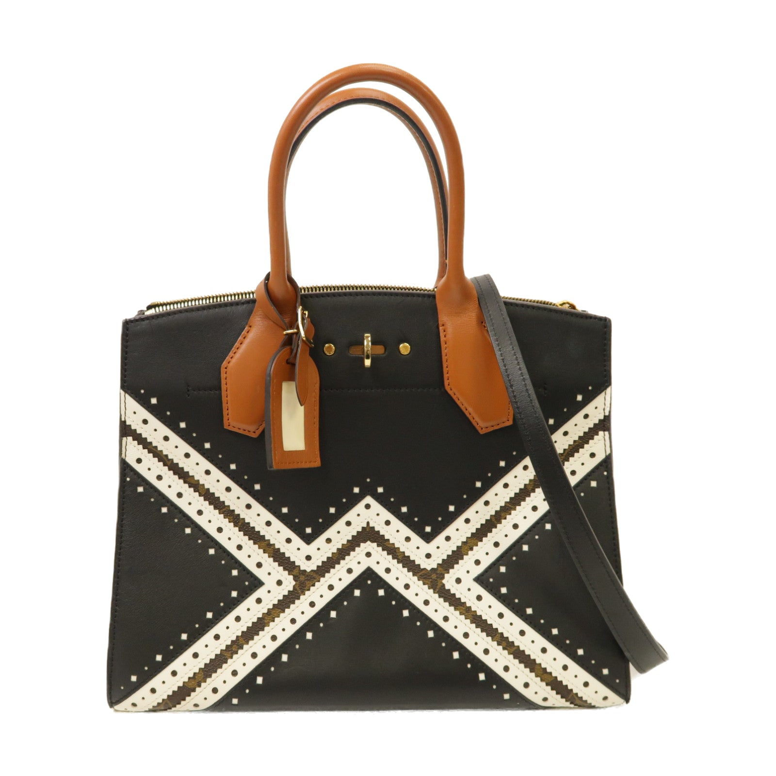 LOUIS VUITTON 牛皮皮革/Monogram City Steamer MM金扣手挽肩背兩用袋白色/黑色