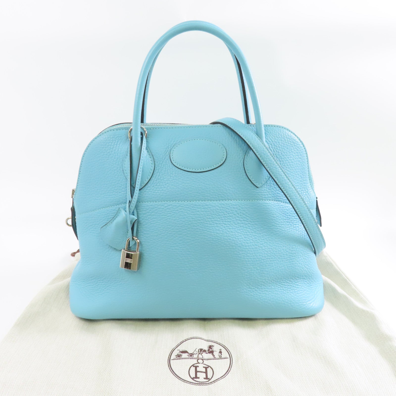 HERMES Clemence皮革Bolide 31銀扣手挽肩背兩用袋Bleu Atoll環礁藍色