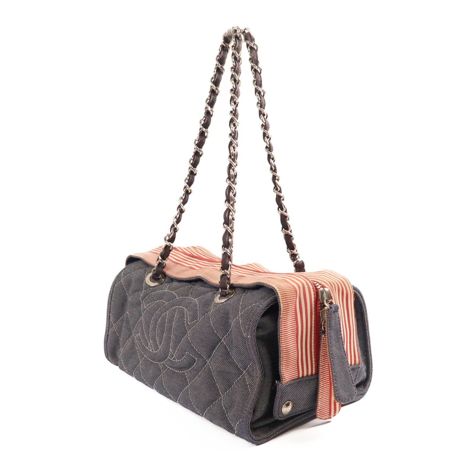 CHANEL 牛仔布Chain Shoulder銀扣鏈帶肩背袋