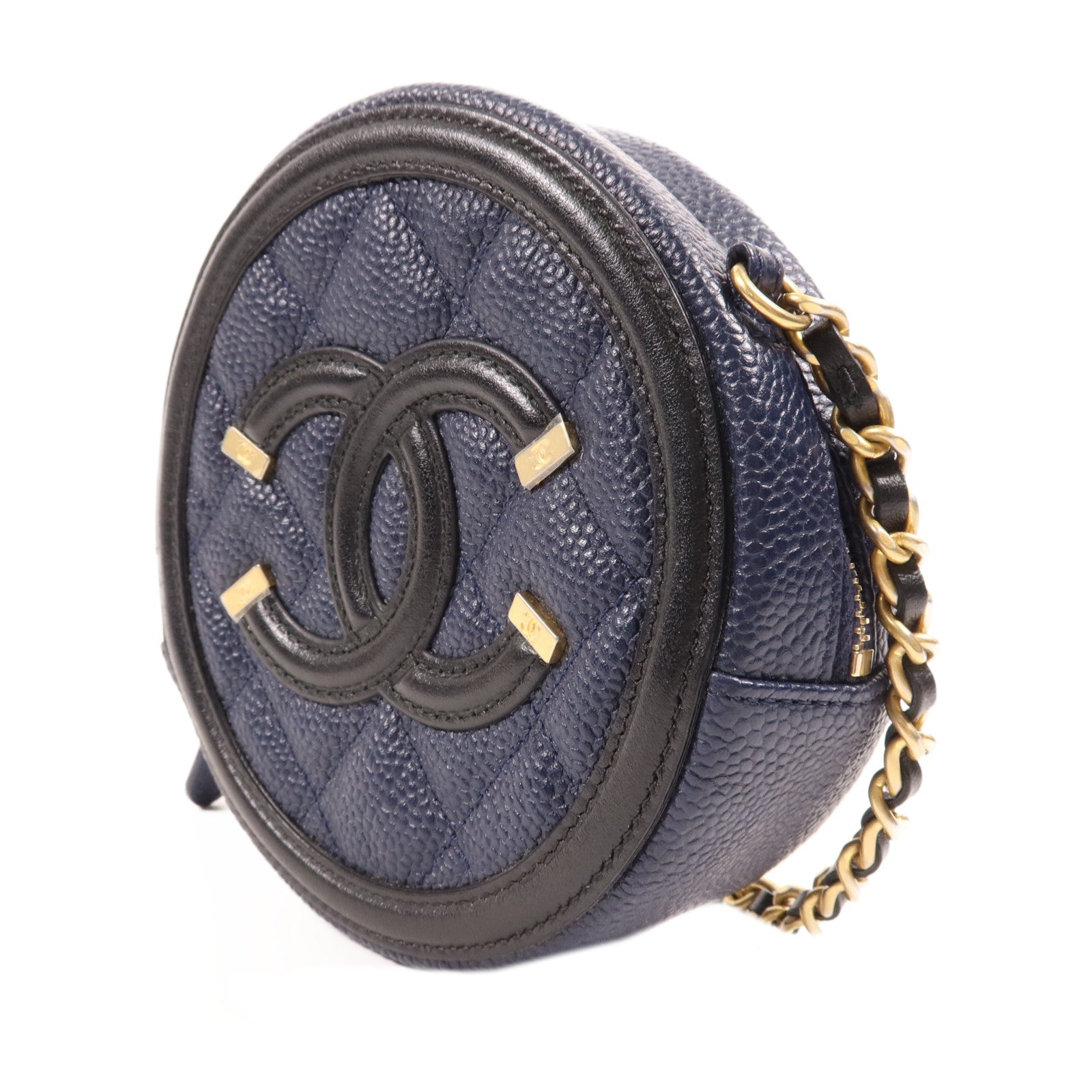 CHANEL 牛皮皮革Filigree Round Bag金扣鏈帶肩背袋