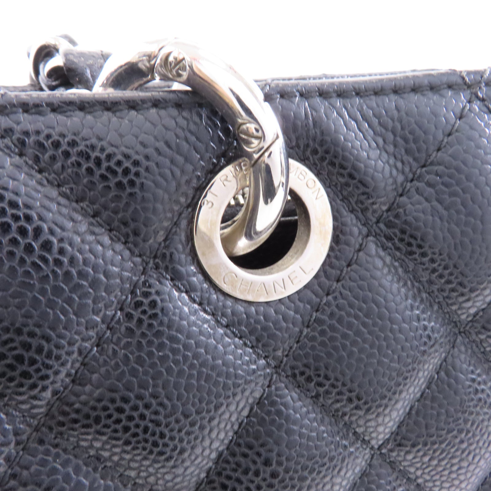 CHANEL 菱格Caviar皮革GST銀扣鏈帶肩背袋黑色