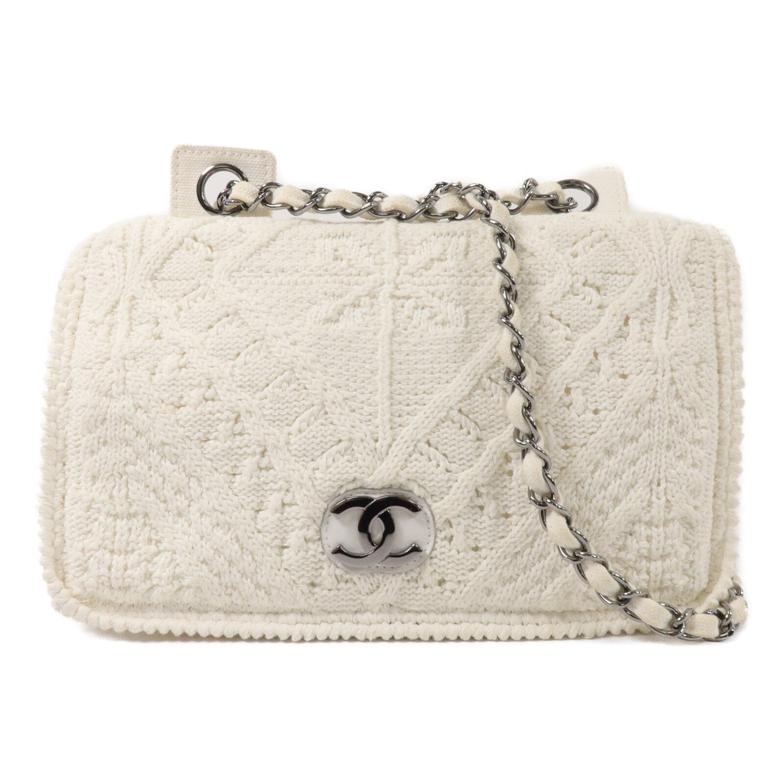 CHANEL Knit Ivory Crochet Kint Chain Shoulder鏈帶肩背袋