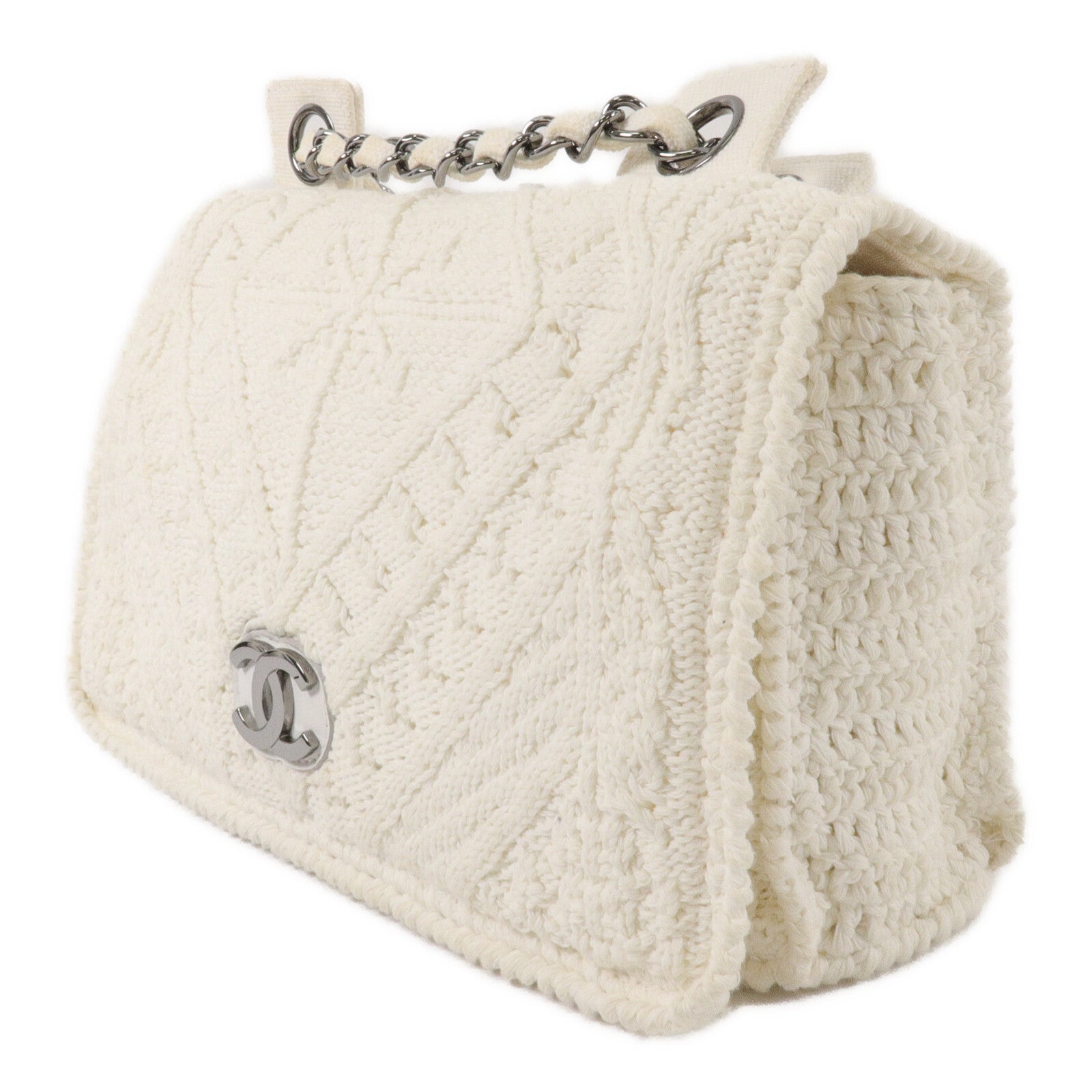 CHANEL Knit Ivory Crochet Kint Chain Shoulder鏈帶肩背袋