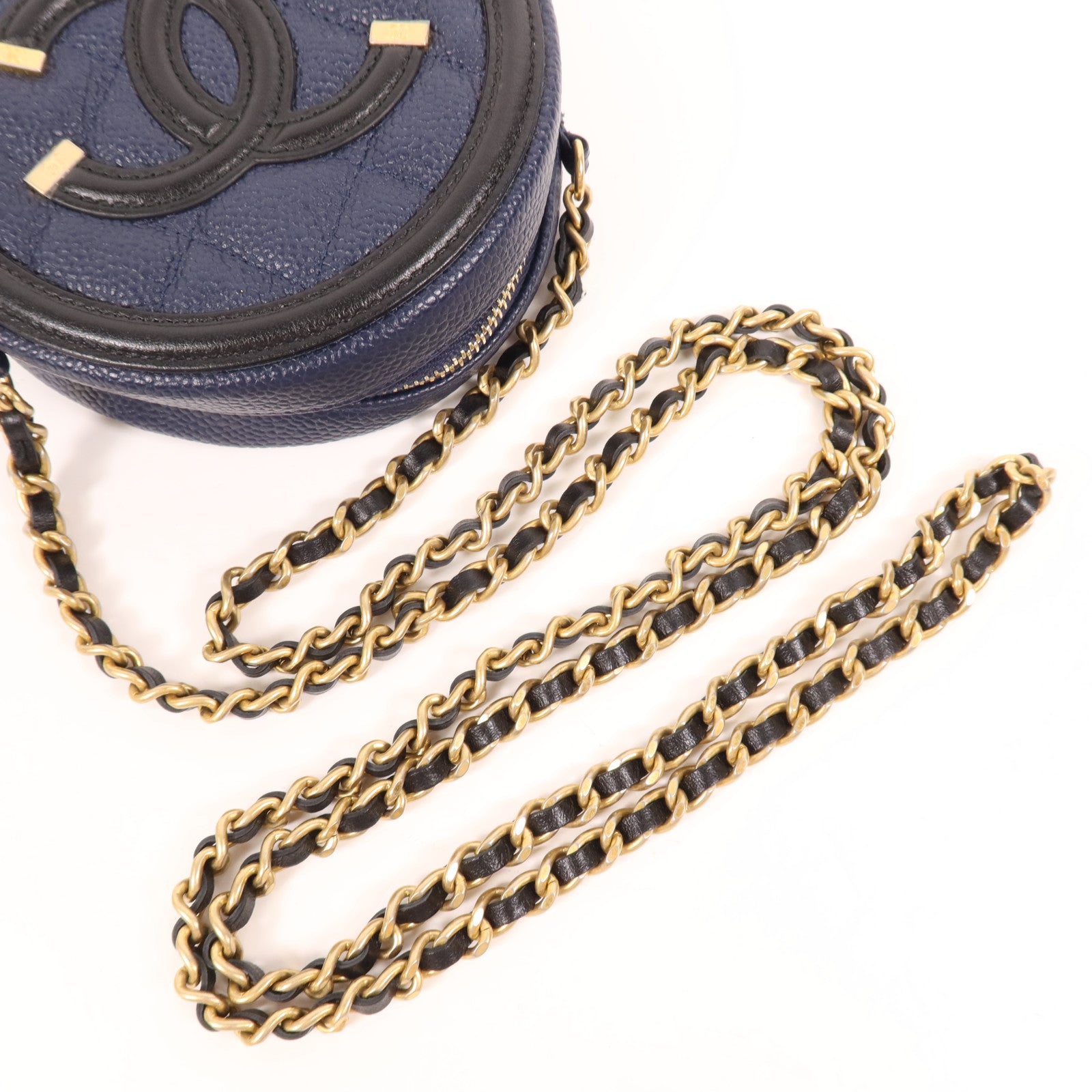CHANEL 牛皮皮革Filigree Round Bag金扣鏈帶肩背袋