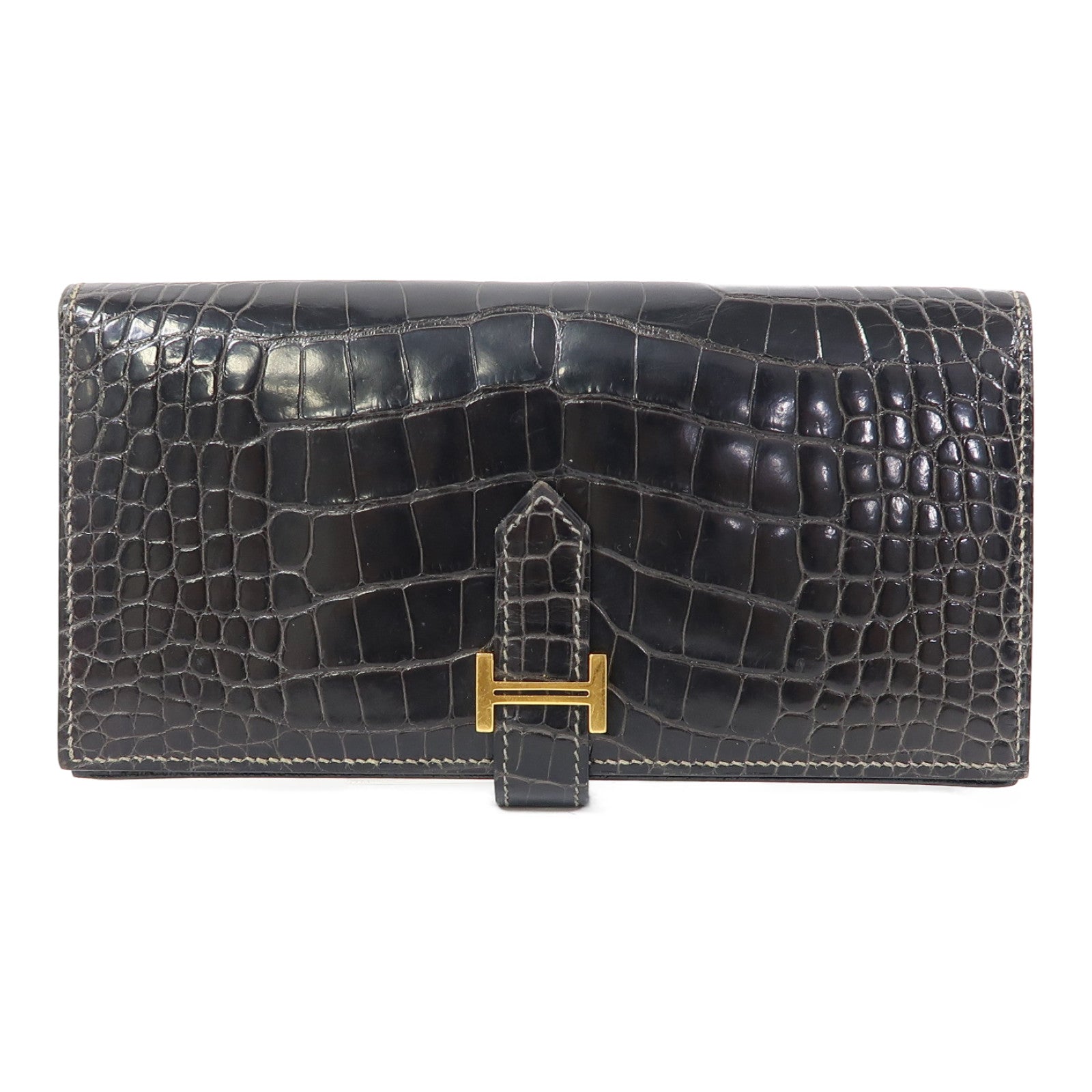 HERMES 鱷魚皮革Bearn Long Wallet金扣長錢包黑色