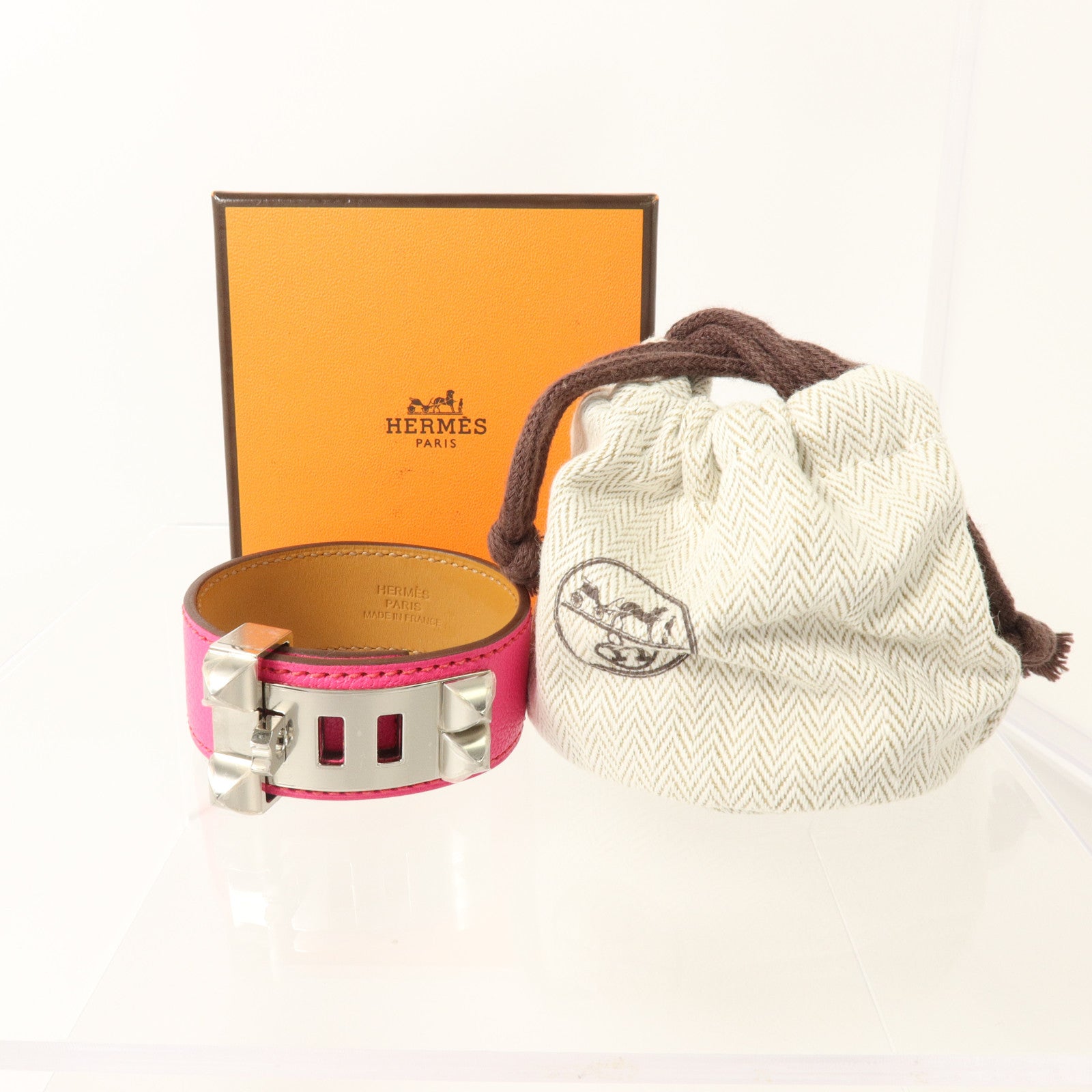 HERMES Chevre Chamkila皮革Collier De Chien 24 Bangle銀扣手鐲Rose Pop