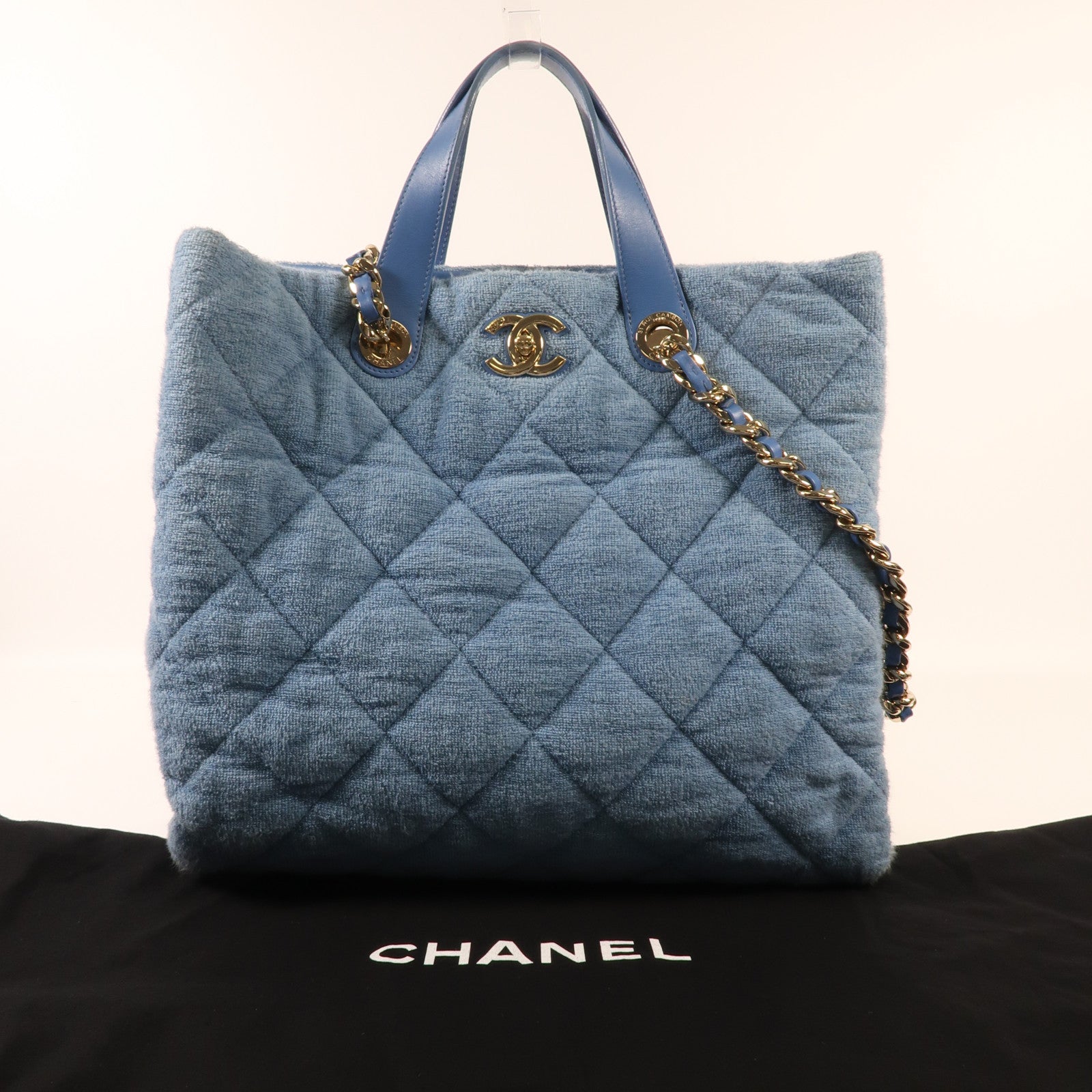 CHANEL 帆布Chain Shoulder金扣鏈帶手挽肩背兩用袋