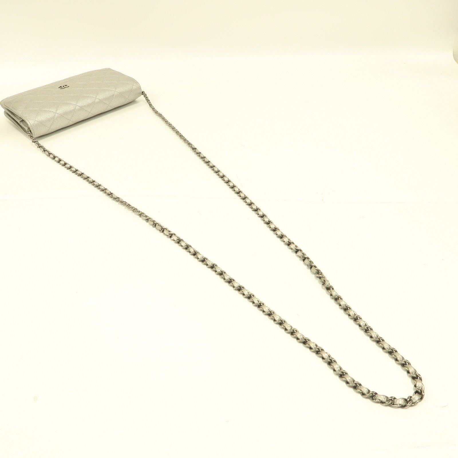CHANEL 菱格Caviar皮革Wallet on Chain銀扣鏈帶肩背袋銀色