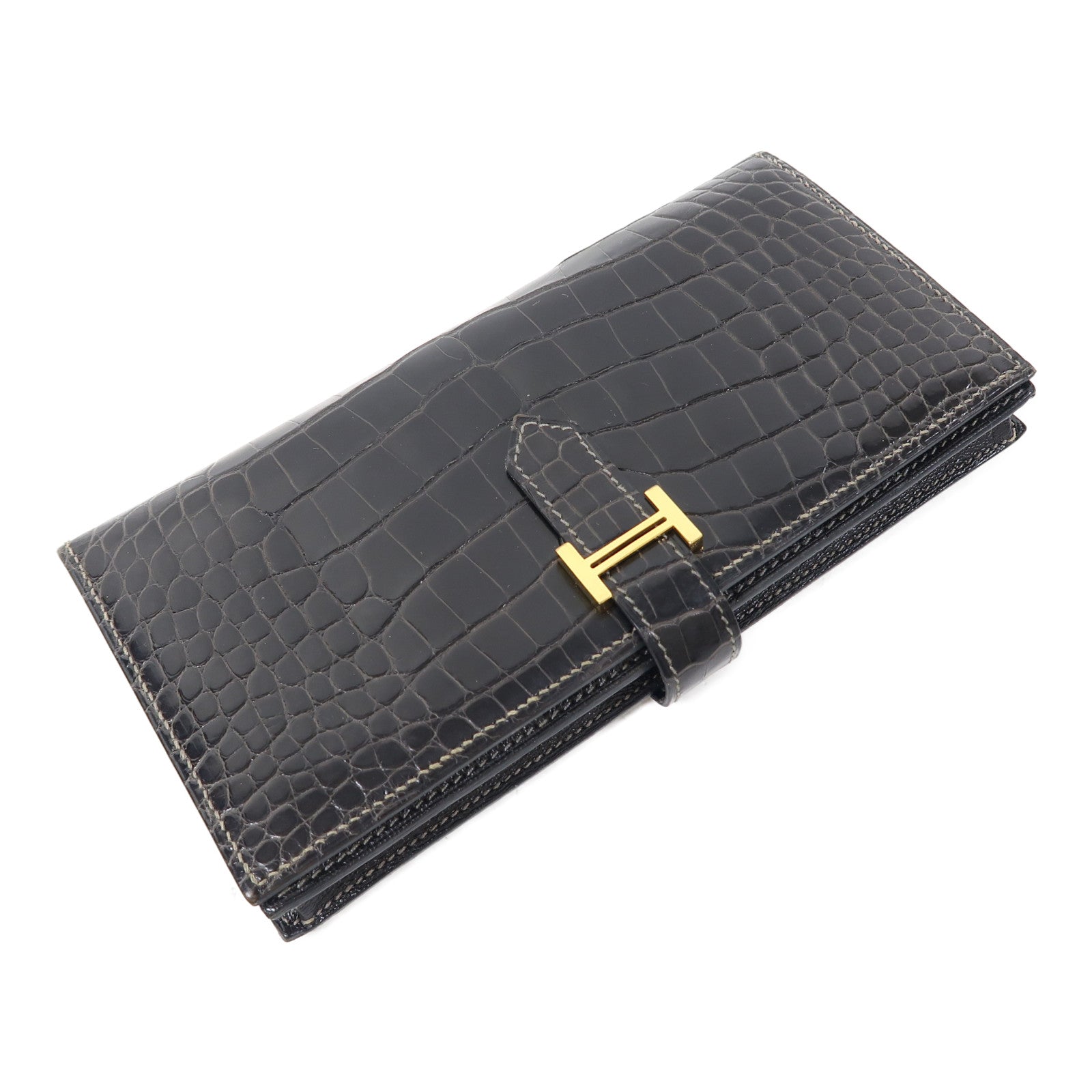 HERMES 鱷魚皮革Bearn Long Wallet金扣長錢包黑色