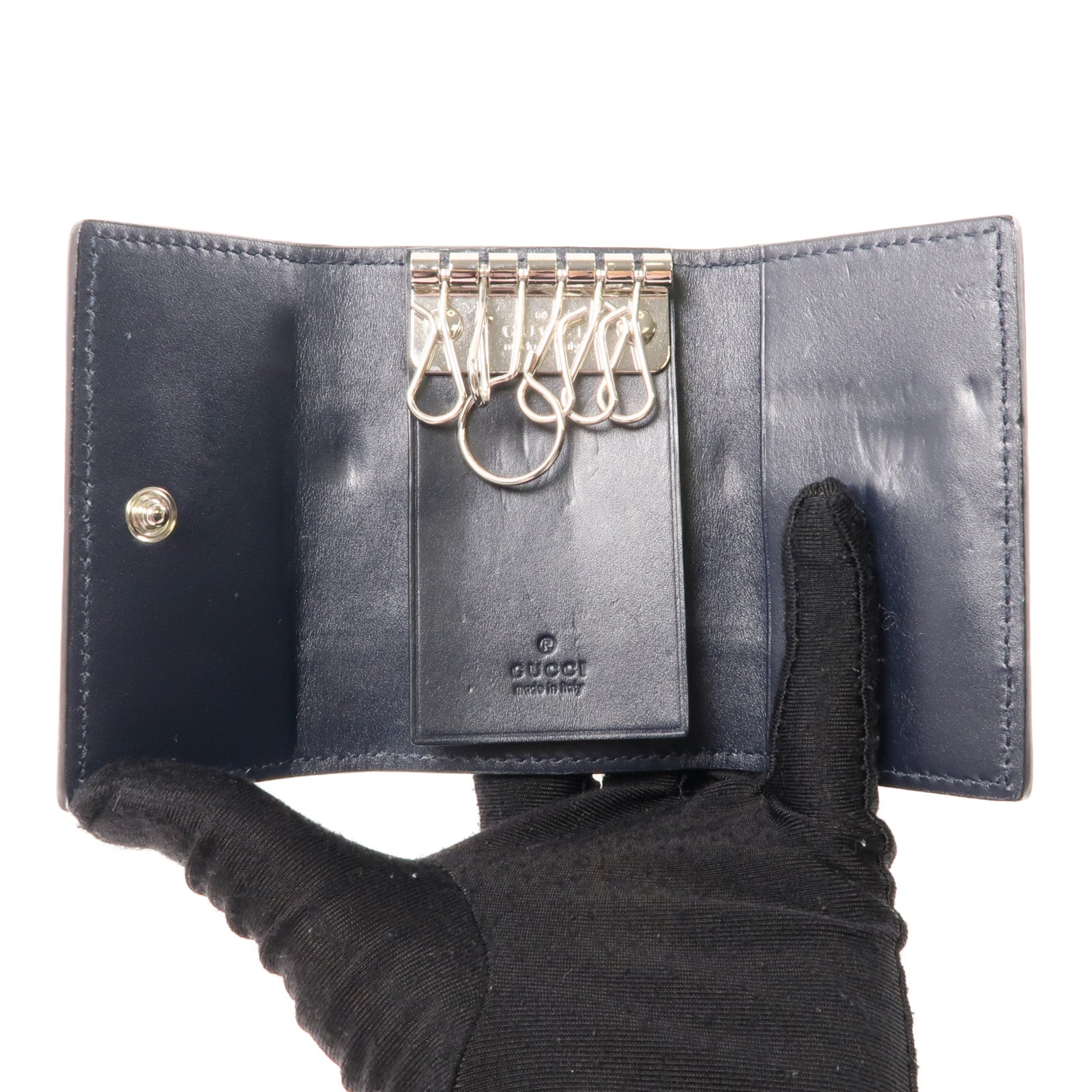 GUCCI 帆布/牛皮皮革Key Holder銀扣鎖匙包黑色