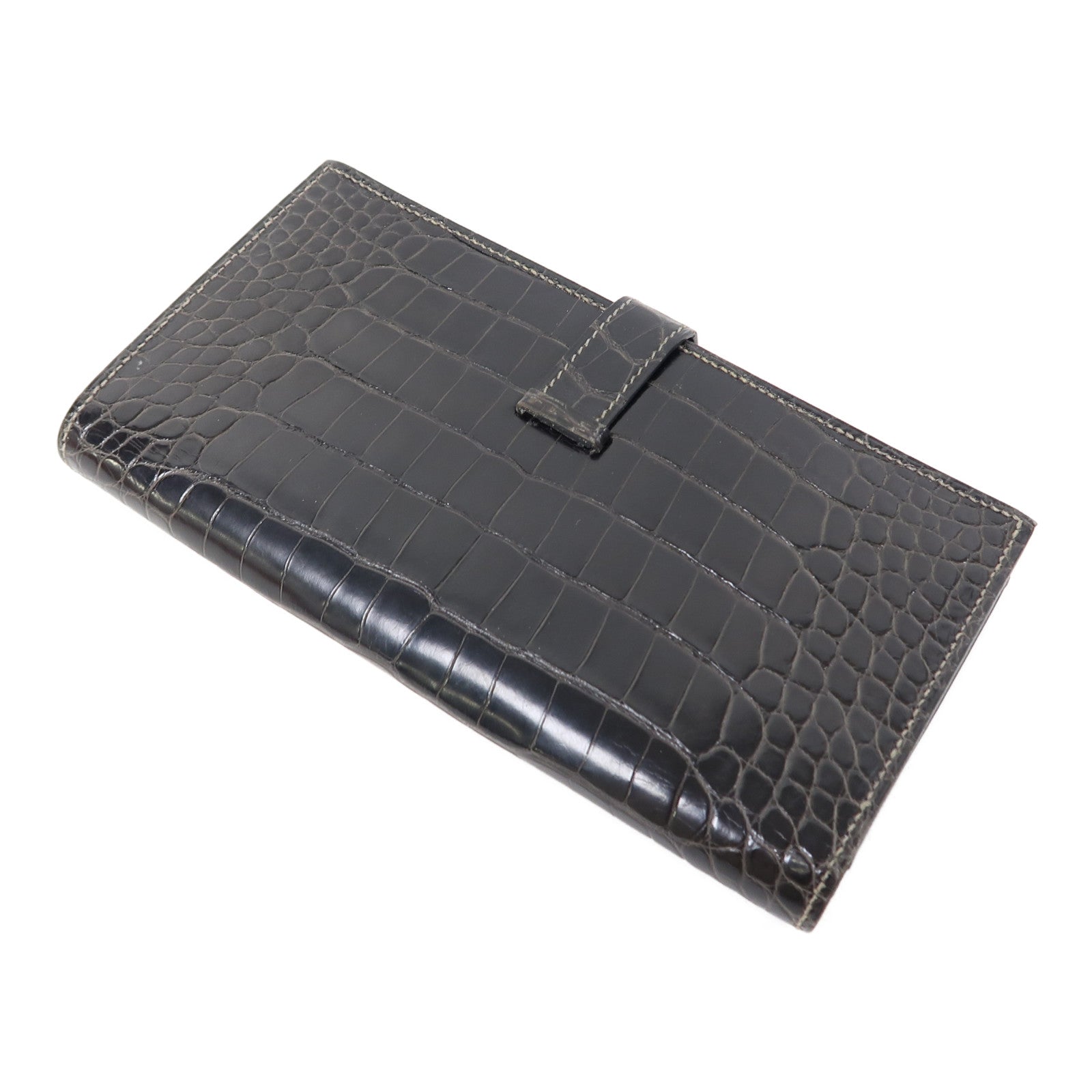 HERMES 鱷魚皮革Bearn Long Wallet金扣長錢包黑色