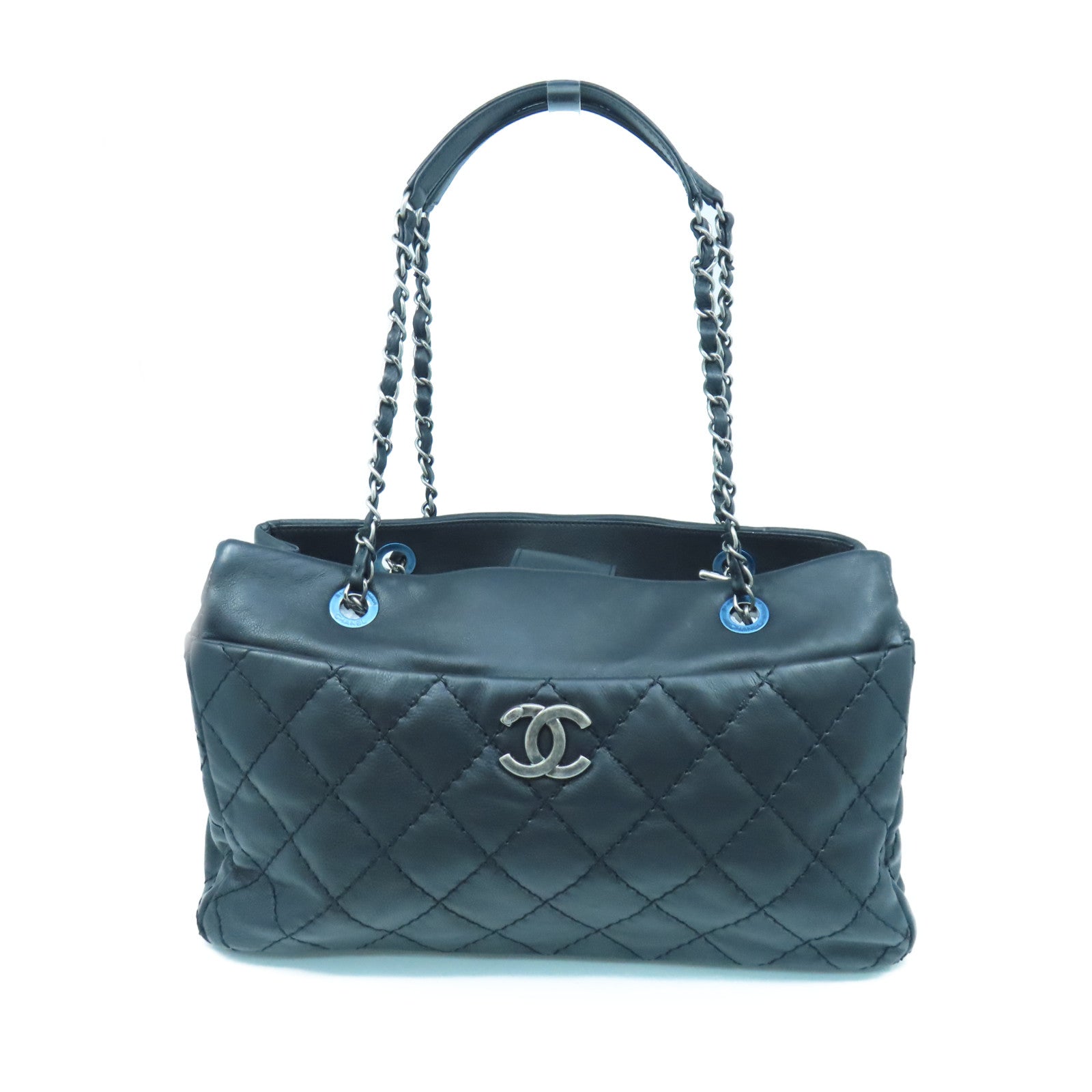 CHANEL rhombic cowhide leather Chain Shoulder silver buckle chain shoulder bag black