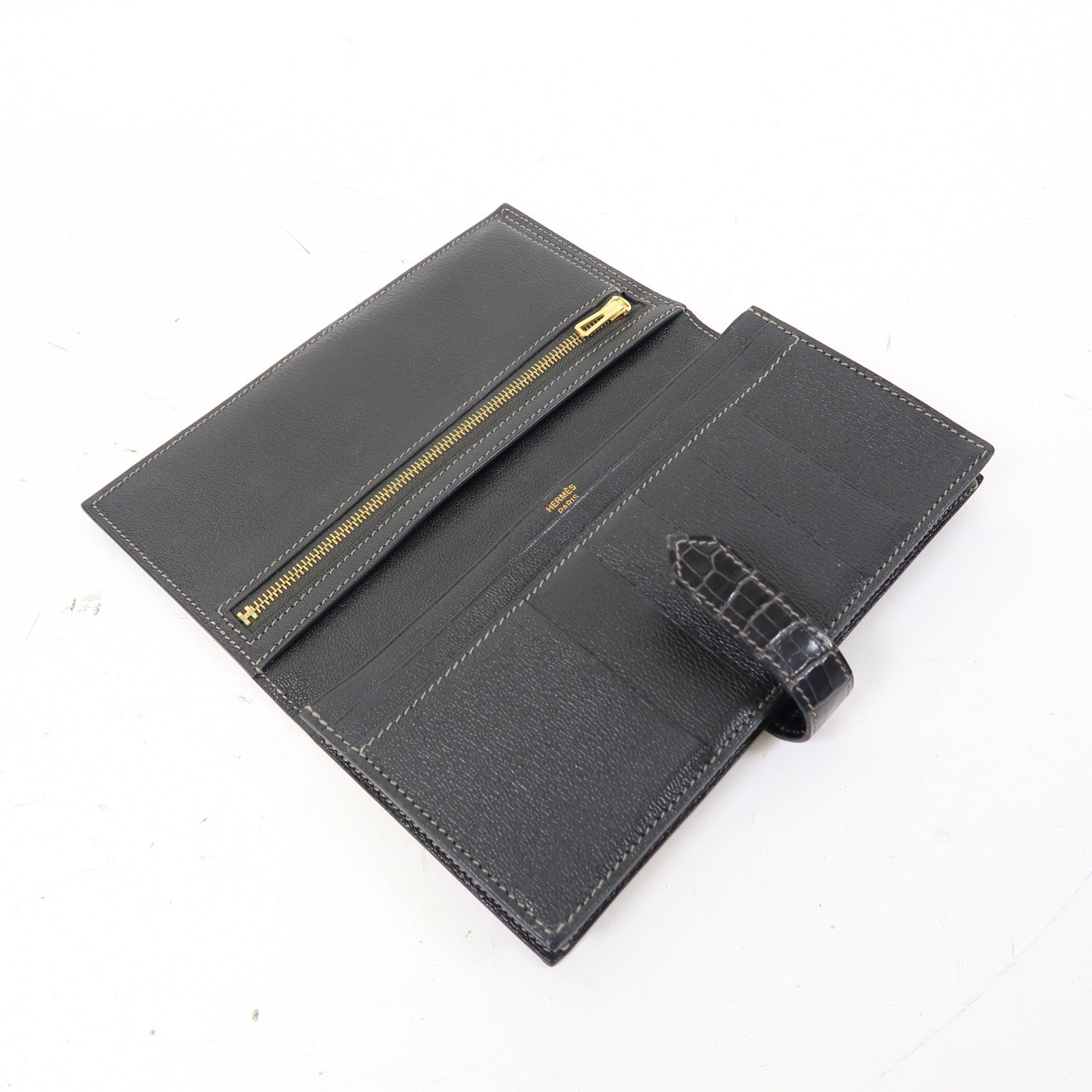 HERMES 鱷魚皮革Bearn Long Wallet金扣長錢包黑色