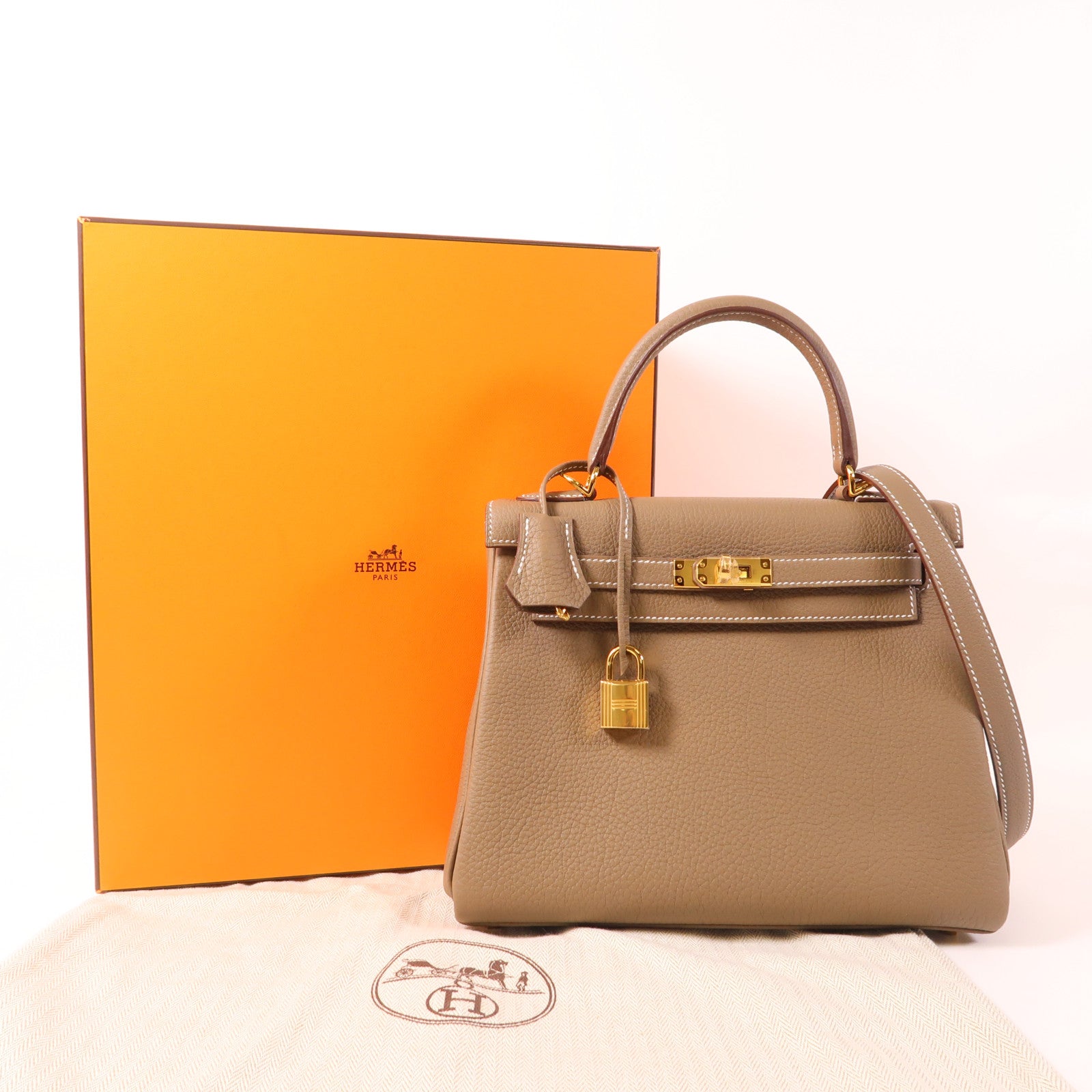 HERMES Togo皮革Kelly 25金扣手挽肩背兩用袋Etoupe大象灰色