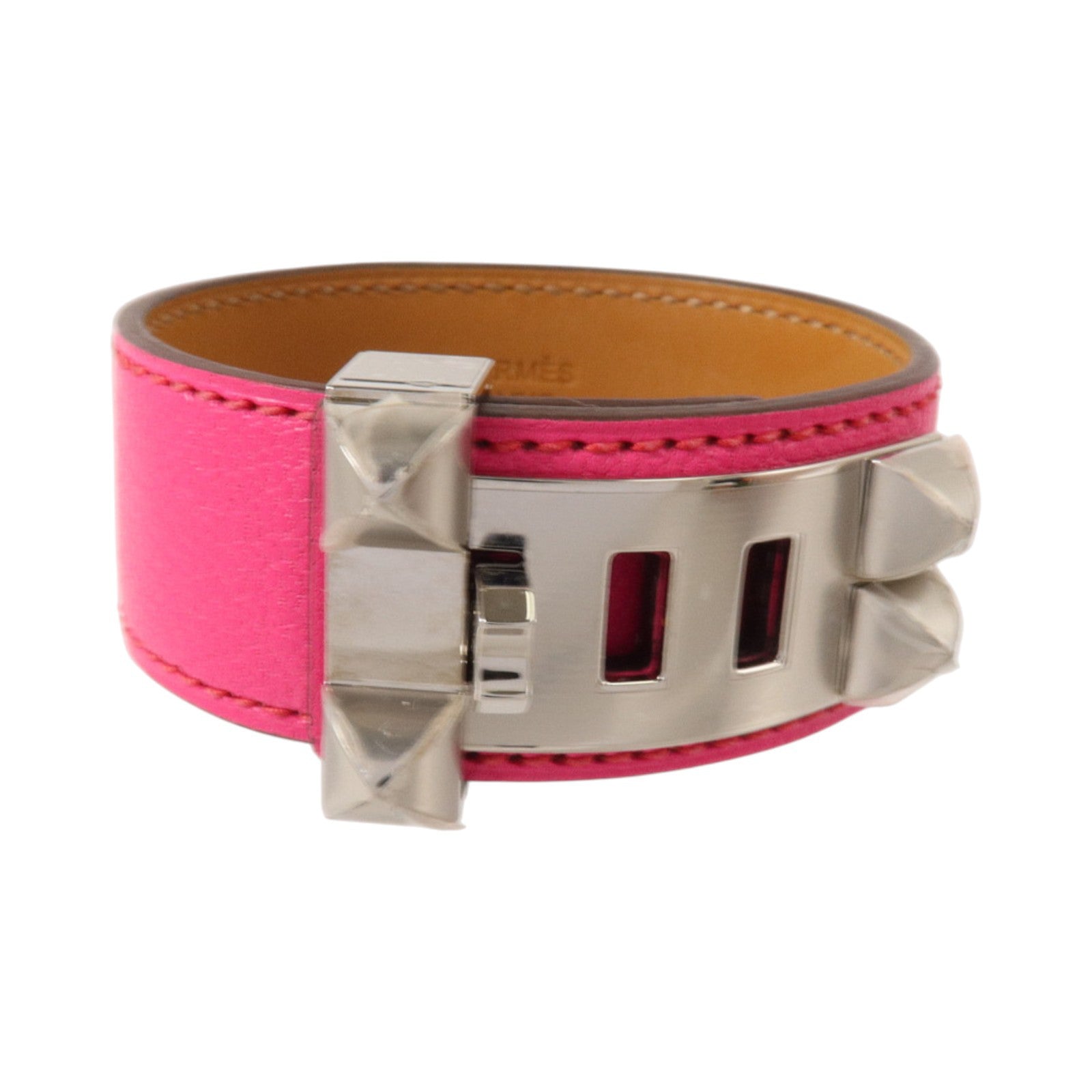 HERMES Chevre Chamkila皮革Collier De Chien 24 Bangle銀扣手鐲Rose Pop