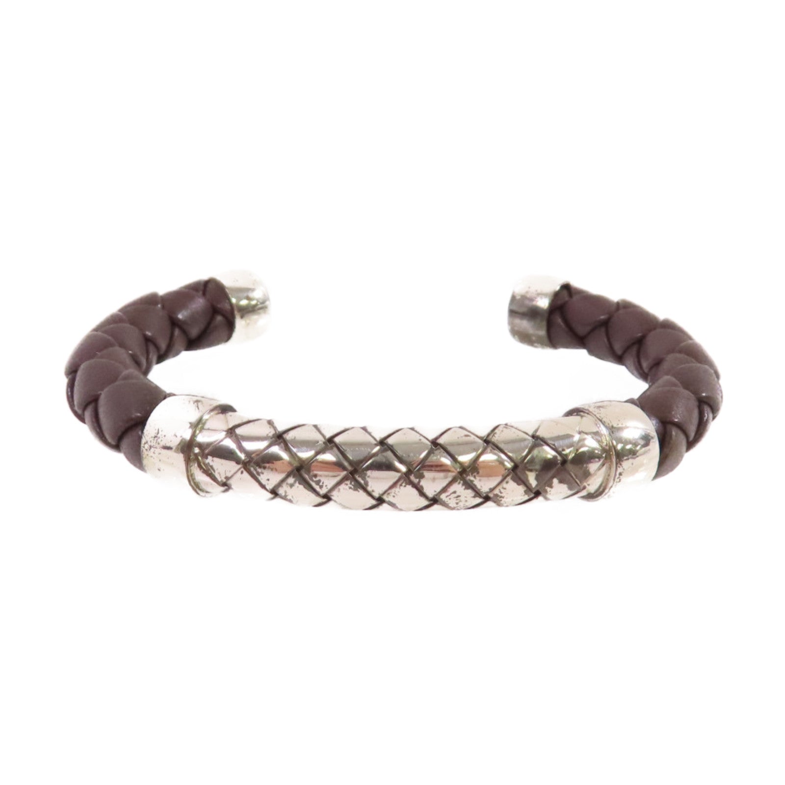 BOTTEGA VENETA 【激減優惠】織紋皮革/925純銀Bangle手鐲啡色/銀色