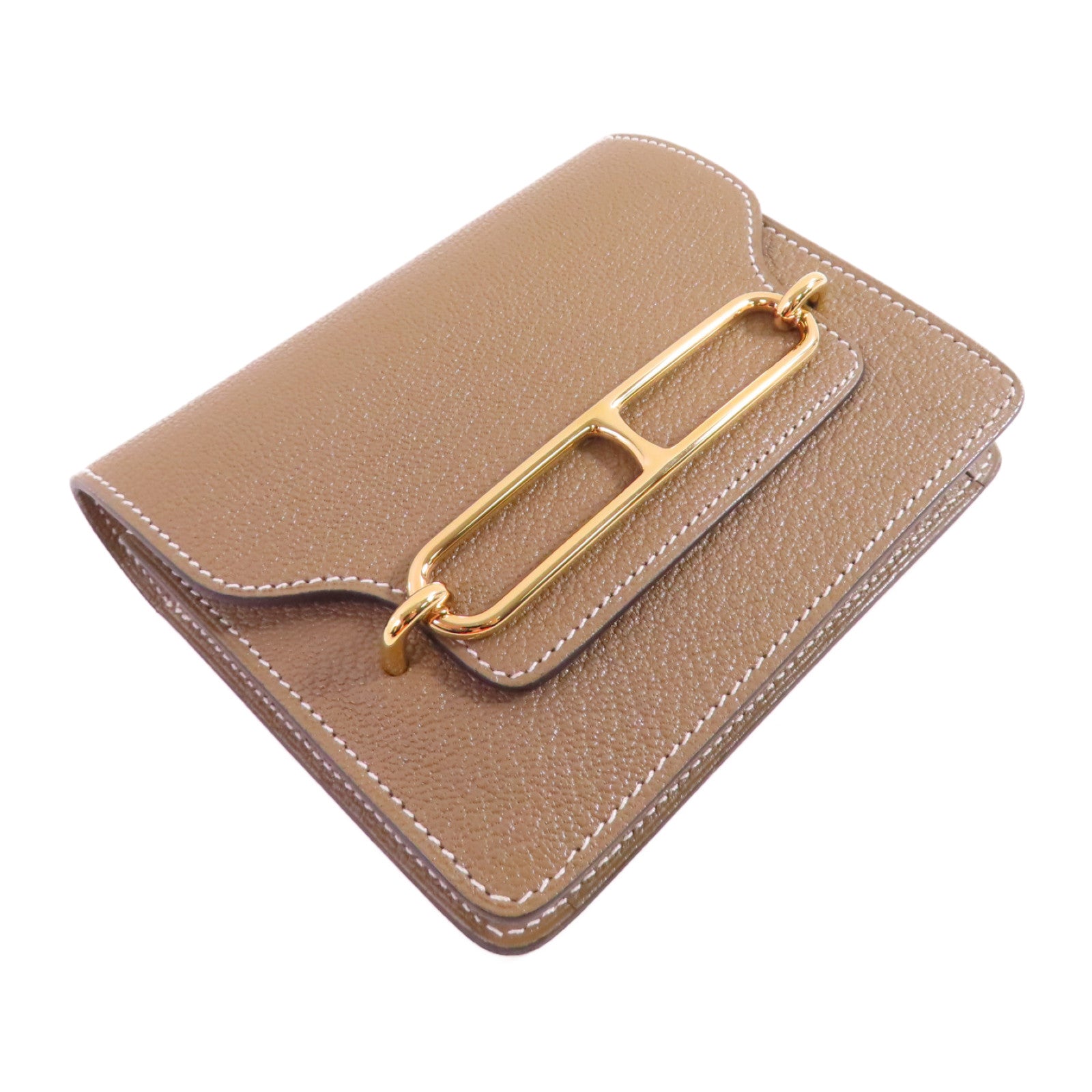 HERMES 【激減優惠】Chevre皮革Roulis Slim Wallet金扣短錢包18 Etoupe/大象灰色