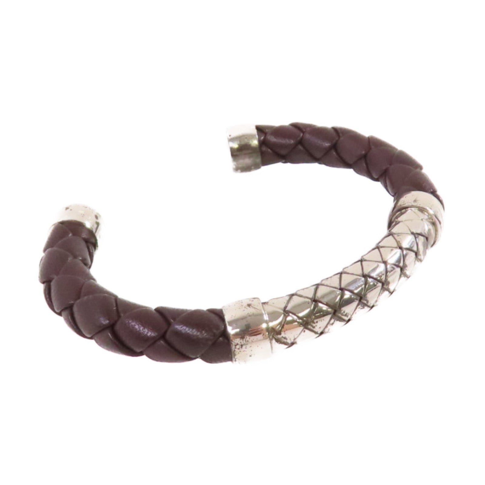 BOTTEGA VENETA 【激減優惠】織紋皮革/925純銀Bangle手鐲啡色/銀色