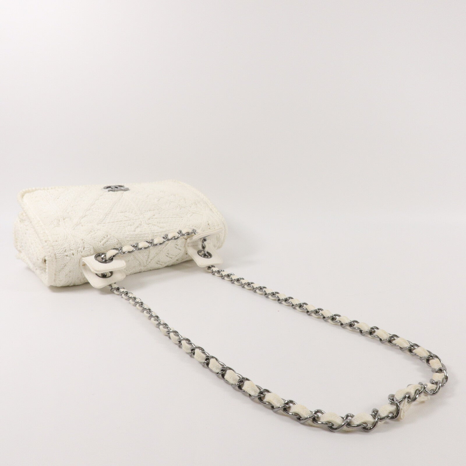 CHANEL Knit Ivory Crochet Kint Chain Shoulder鏈帶肩背袋