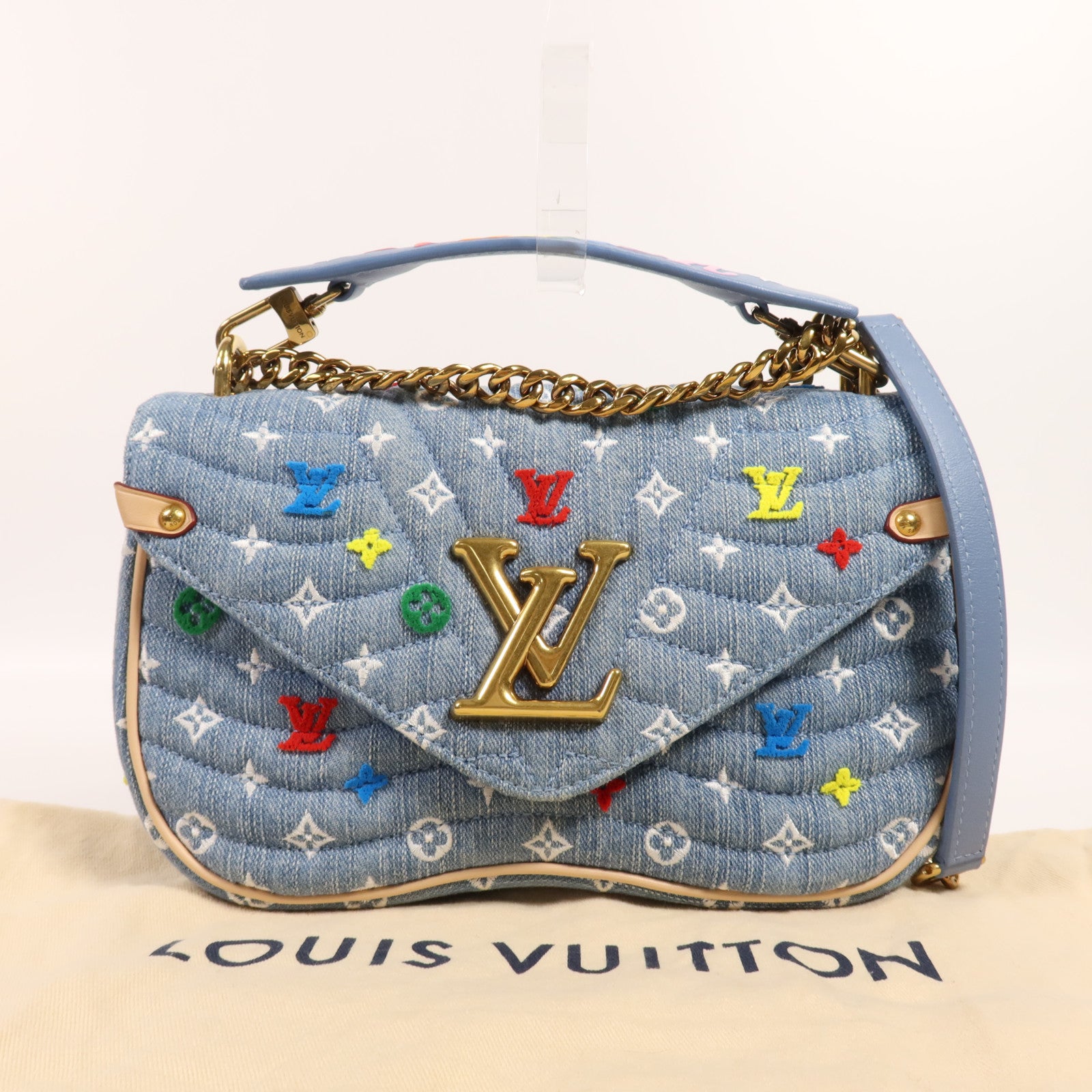 LOUIS VUITTON Monogram Embroidered Quilted Denim New Wave Chain Bag金扣手挽肩背兩用袋