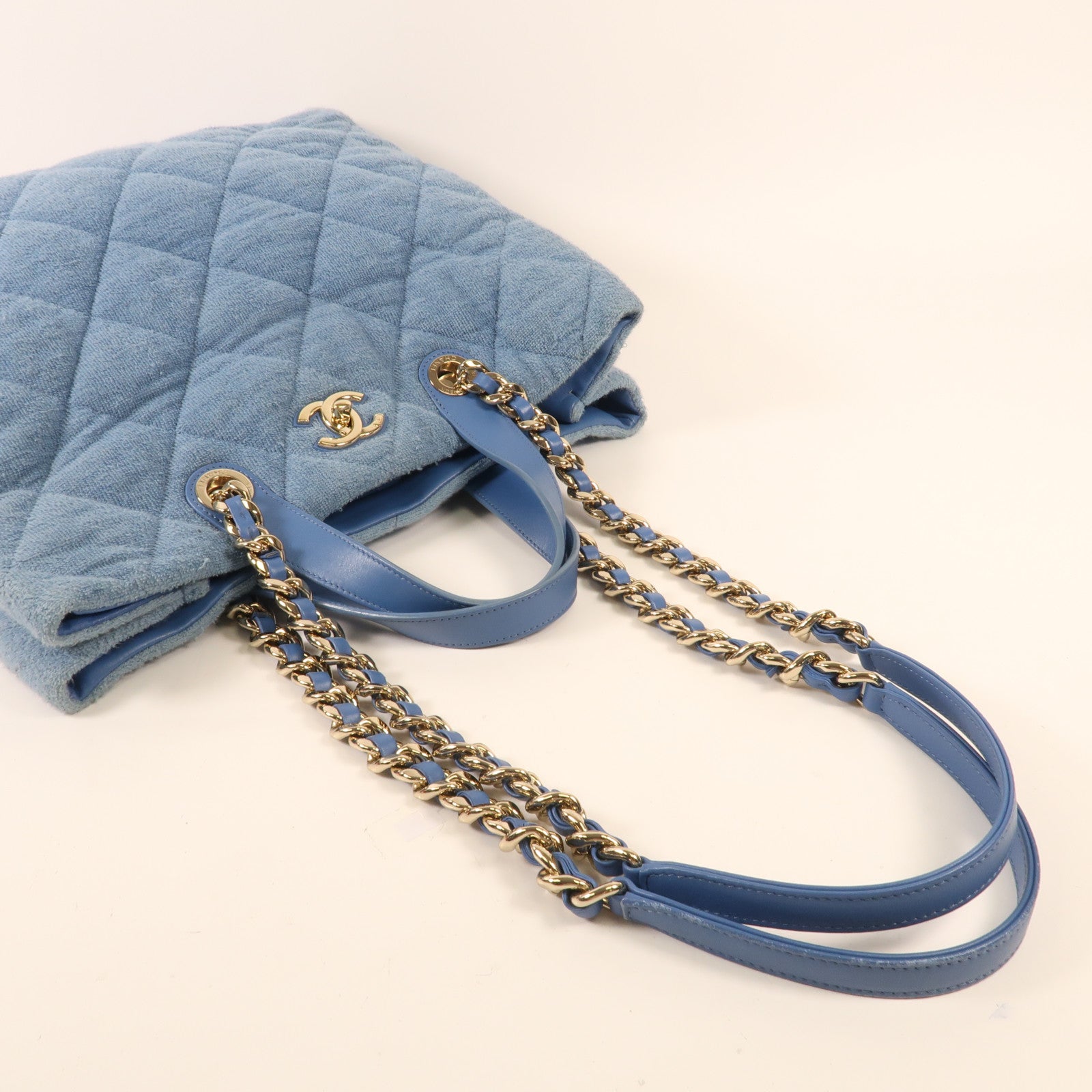 CHANEL 帆布Chain Shoulder金扣鏈帶手挽肩背兩用袋