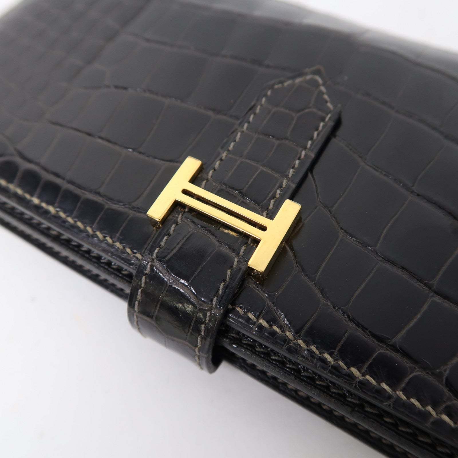 HERMES 鱷魚皮革Bearn Long Wallet金扣長錢包黑色