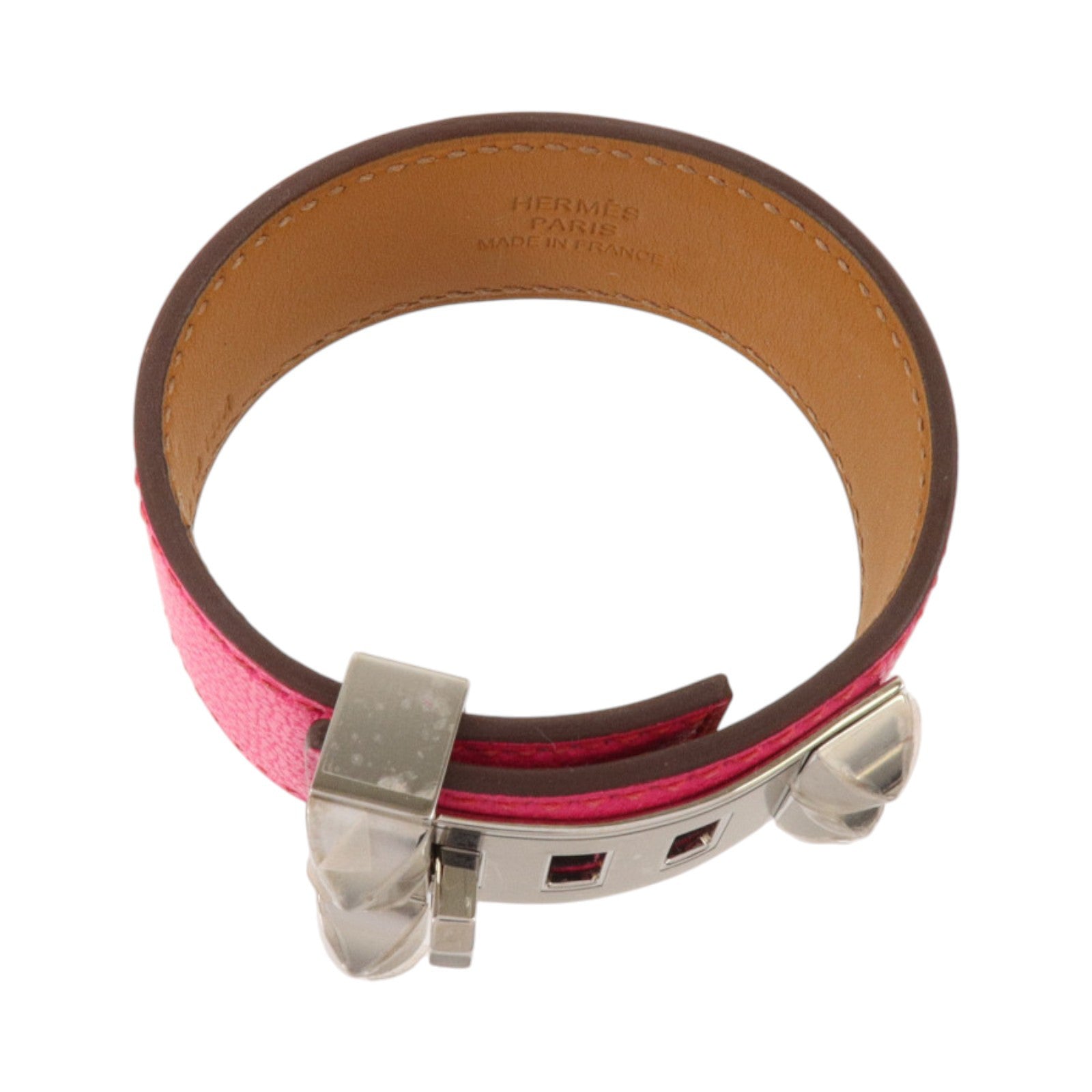 HERMES Chevre Chamkila皮革Collier De Chien 24 Bangle銀扣手鐲Rose Pop