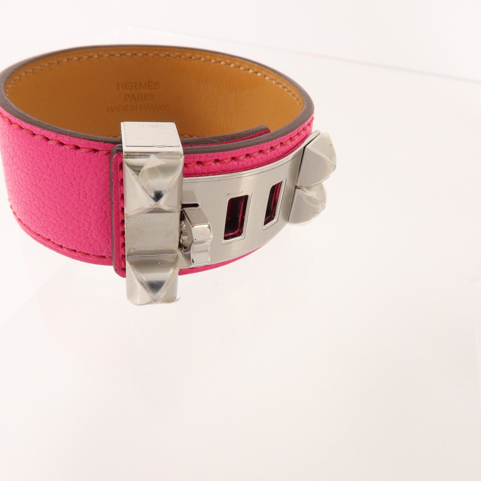 HERMES Chevre Chamkila皮革Collier De Chien 24 Bangle銀扣手鐲Rose Pop