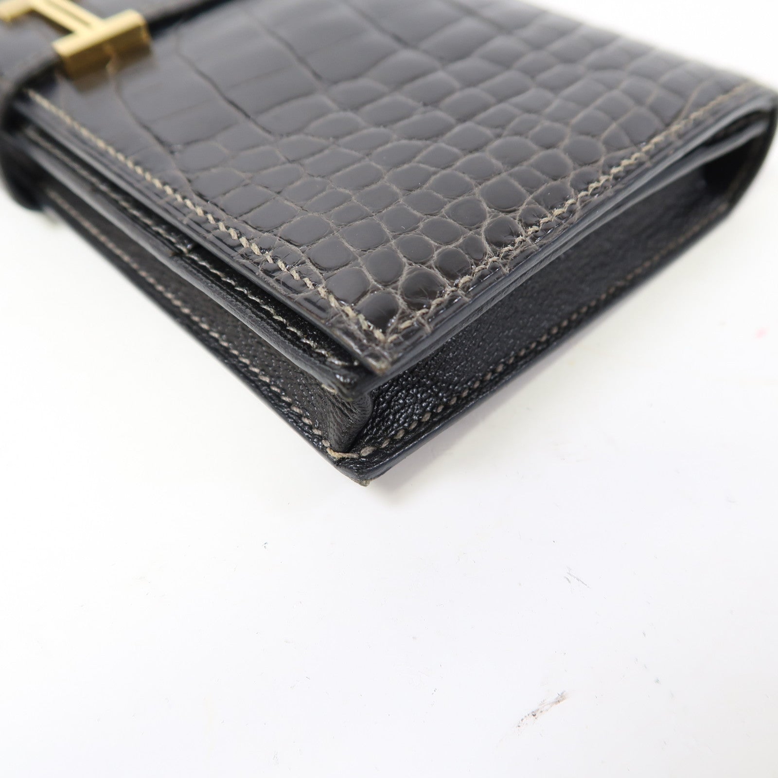 HERMES 鱷魚皮革Bearn Long Wallet金扣長錢包黑色