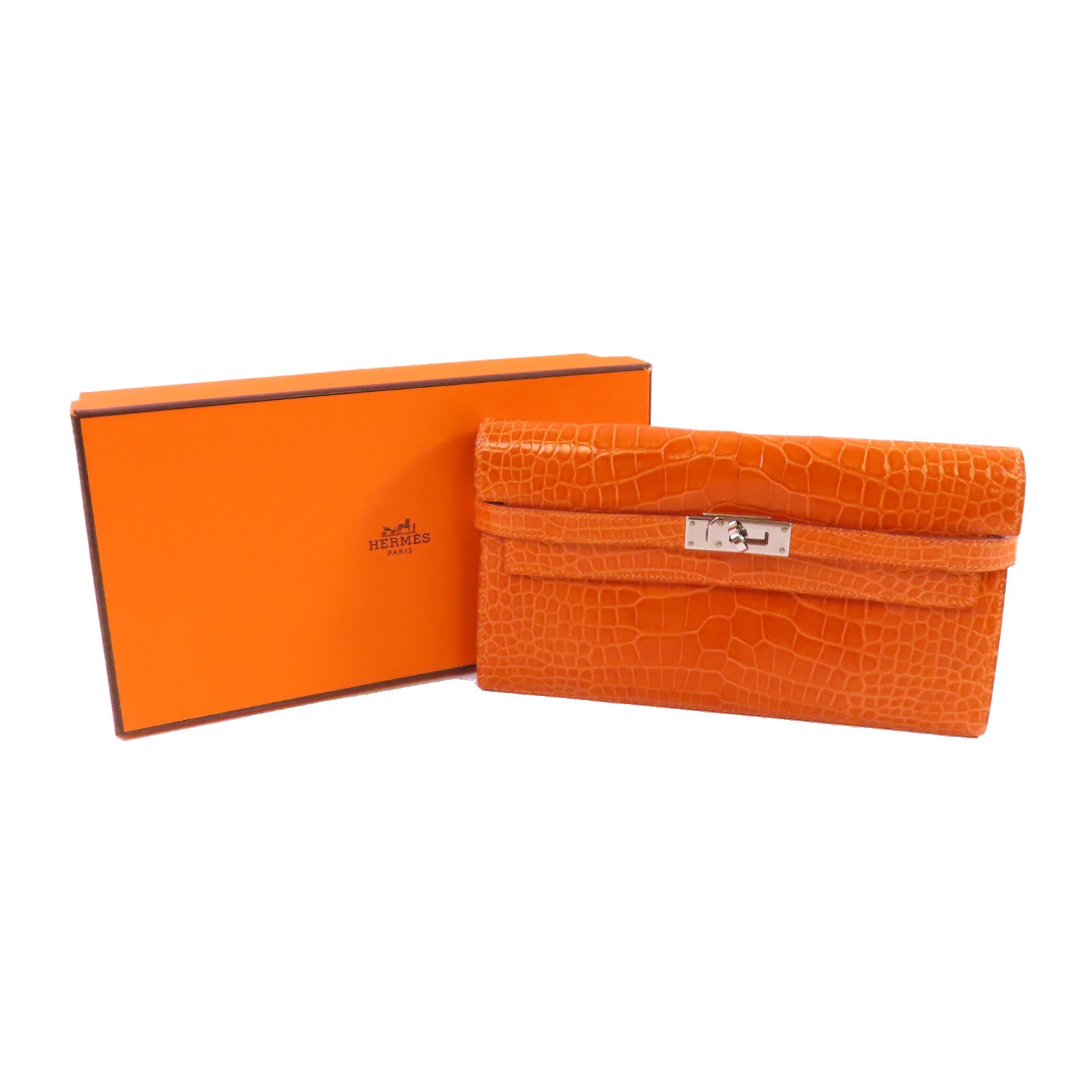 HERMES 鱷魚皮革Kelly Wallet銀扣長錢包93 Orange H/亮橙色