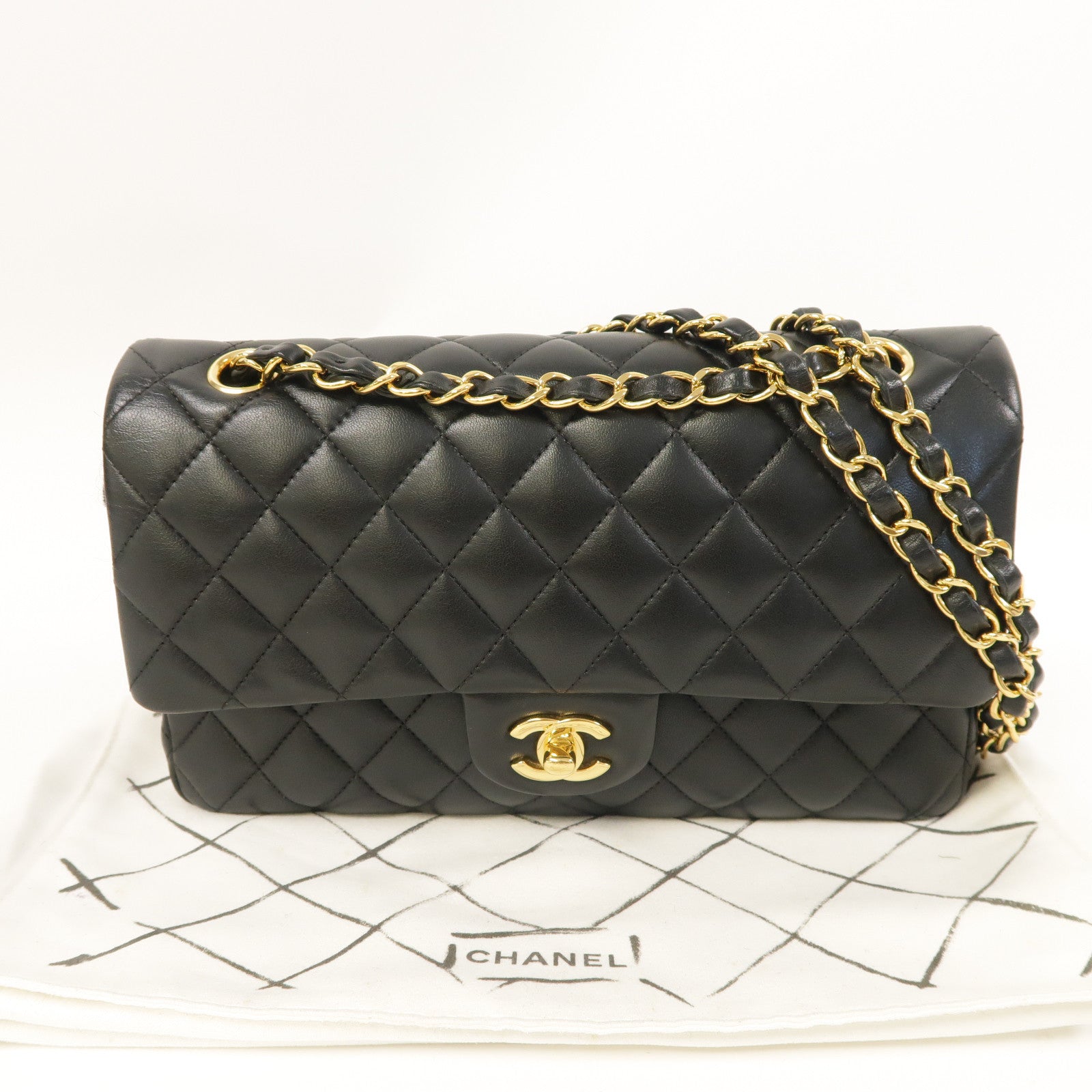 CHANEL 菱格羊皮皮革Classic 25金扣鏈帶肩背袋黑色