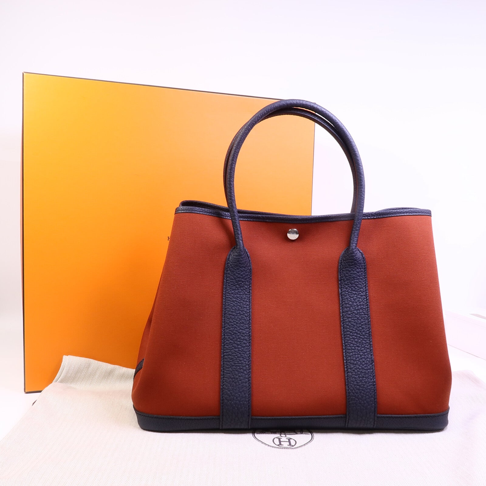 HERMES 帆布/Negonda皮革Garden Party PM手挽袋Cuivre/Bleu Indigo