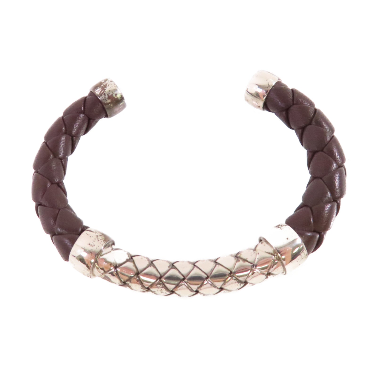 BOTTEGA VENETA 【激減優惠】織紋皮革/925純銀Bangle手鐲啡色/銀色