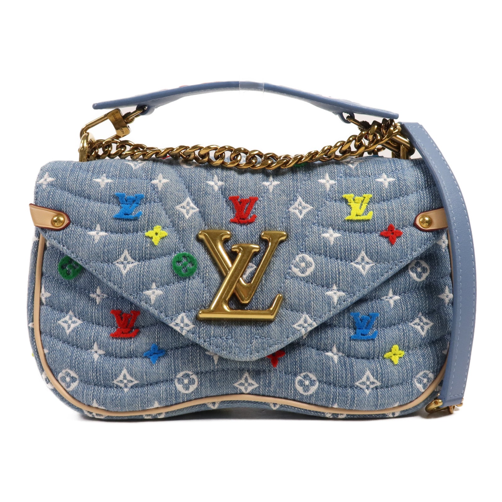 LOUIS VUITTON Monogram Embroidered Quilted Denim New Wave Chain Bag金扣手挽肩背兩用袋